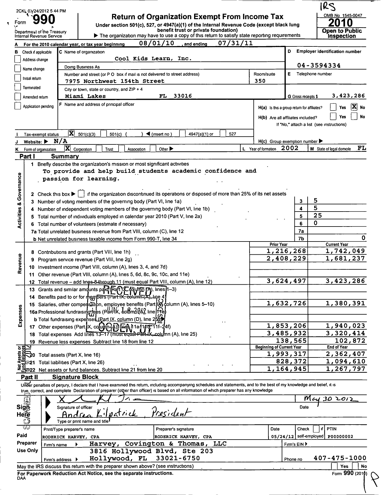 Image of first page of 2010 Form 990 for Cool Kids Learn