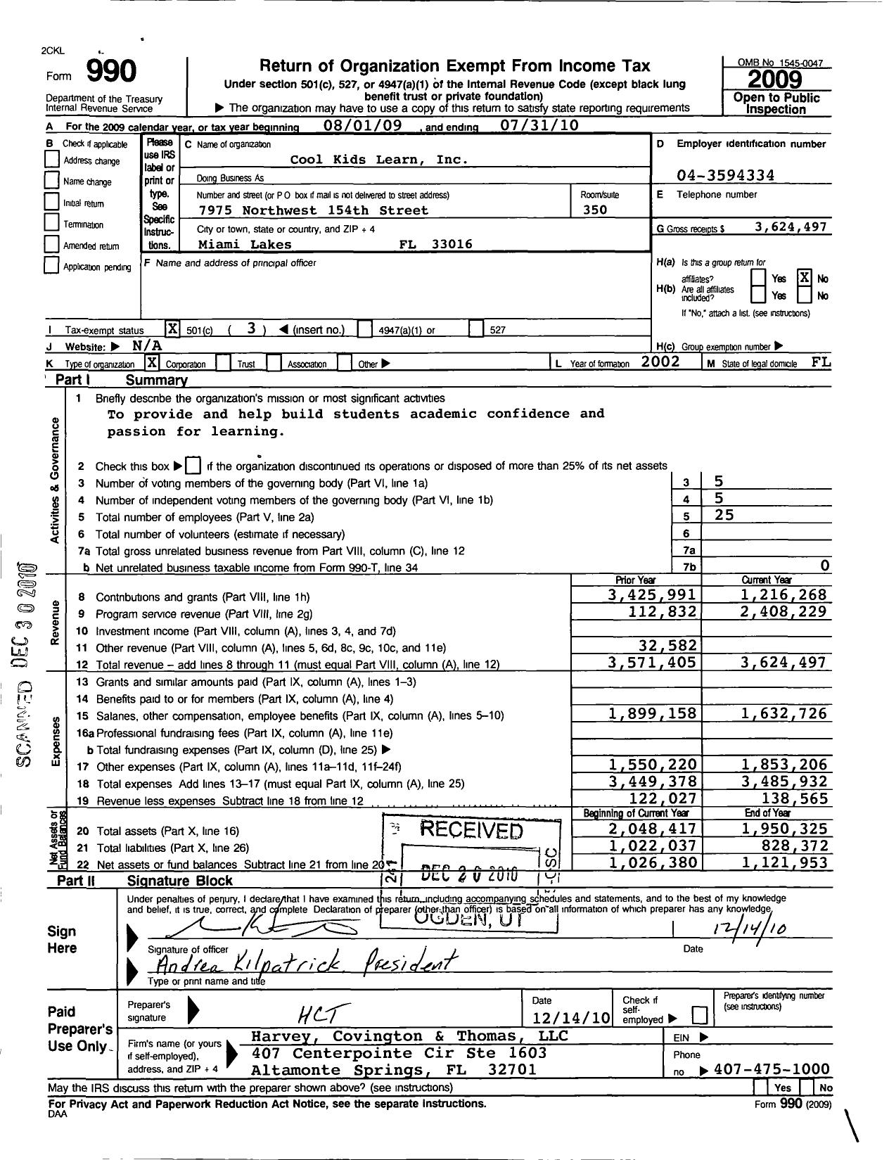 Image of first page of 2009 Form 990 for Cool Kids Learn