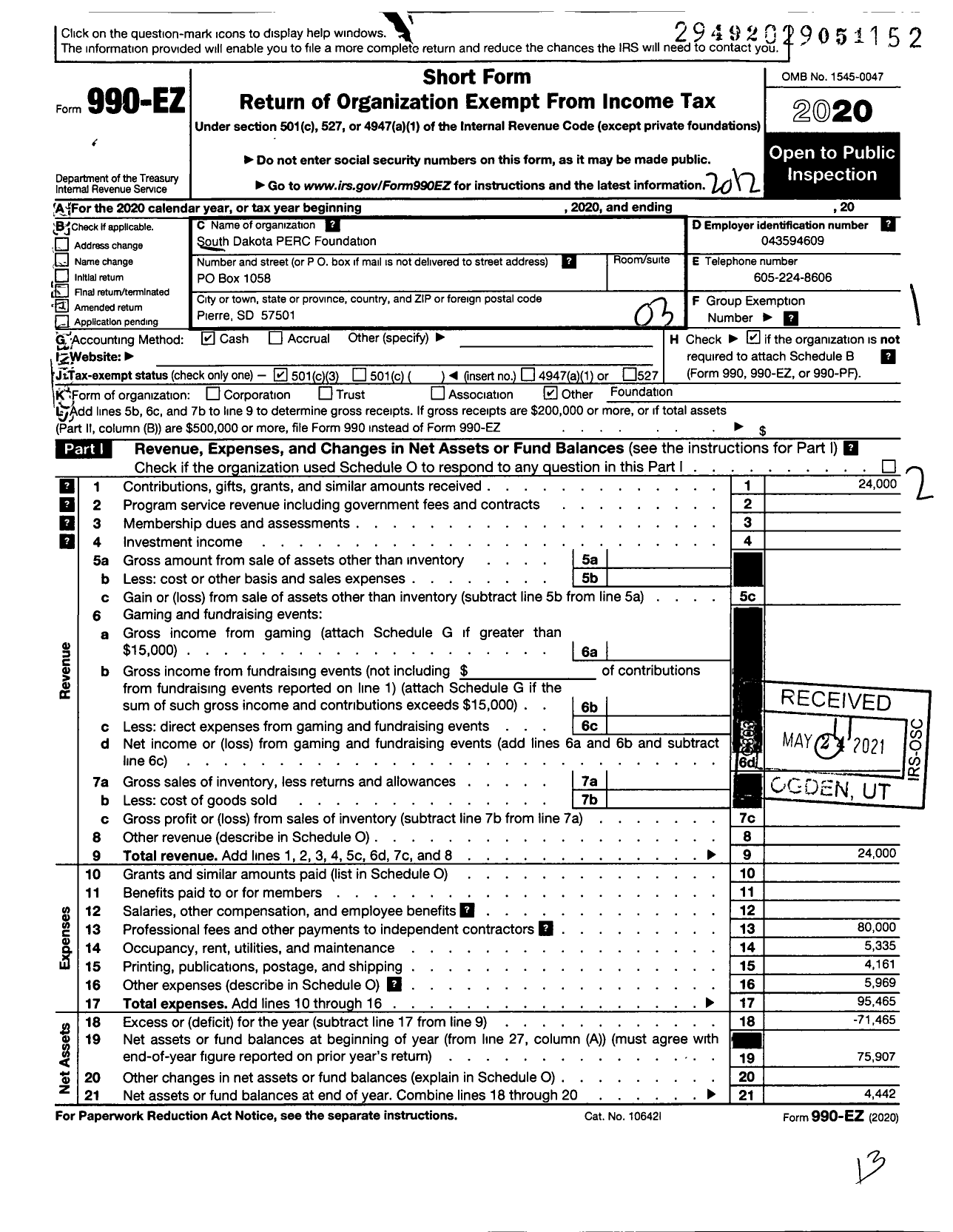 Image of first page of 2020 Form 990EZ for South Dakota Perc Foundation