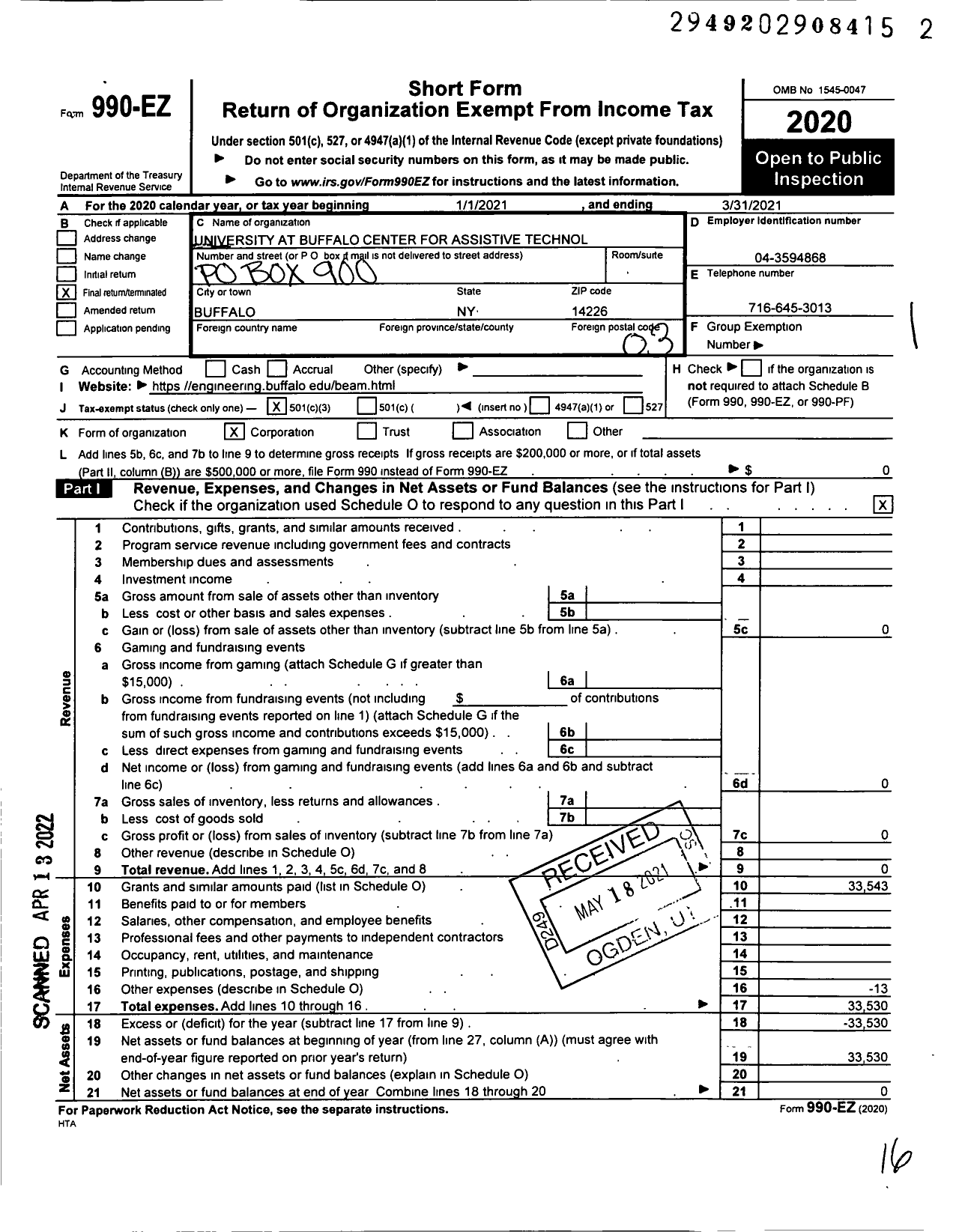 Image of first page of 2020 Form 990EZ for University at Buffalo Center for Assistive Technology