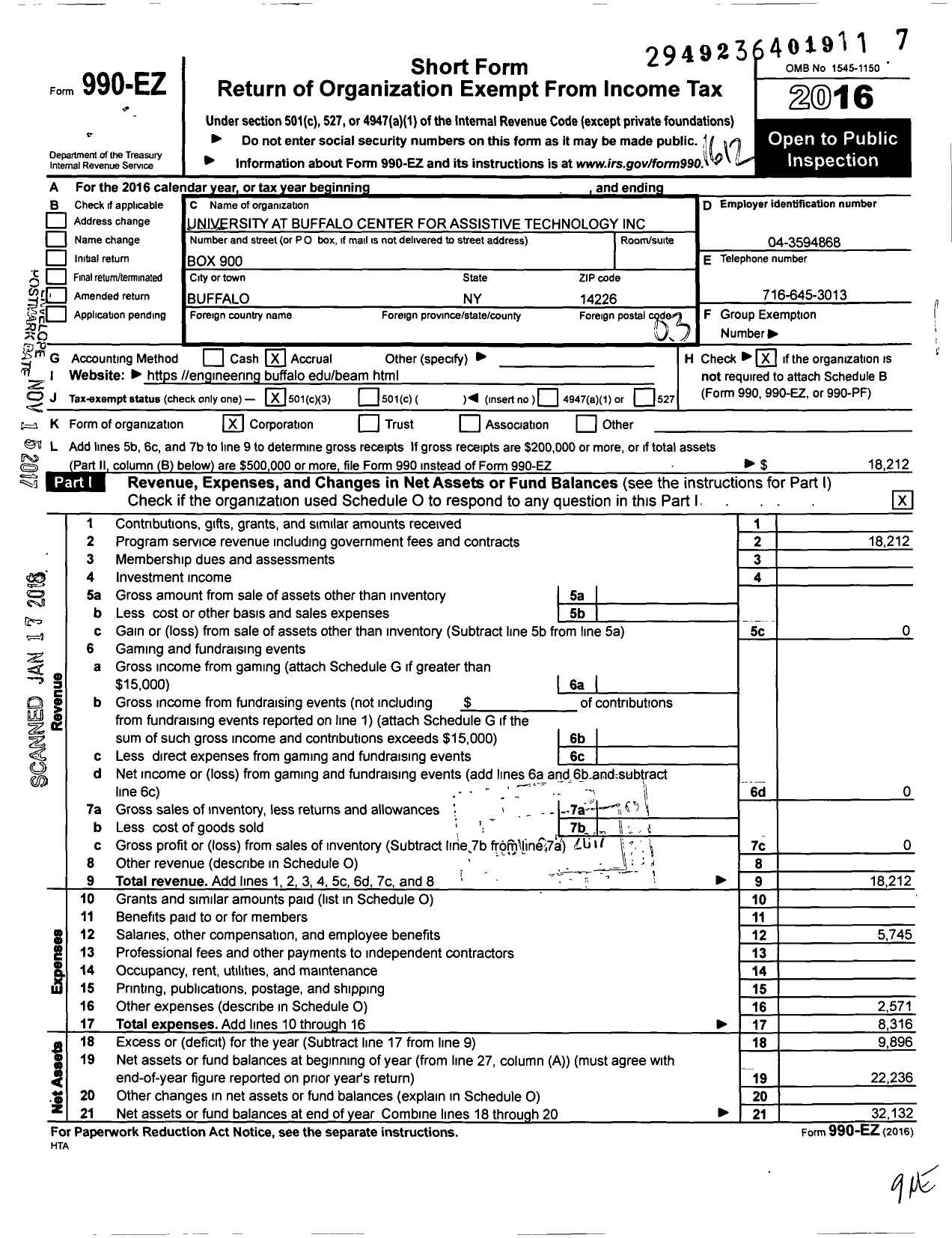 Image of first page of 2016 Form 990EZ for University at Buffalo Center for Assistive Technology