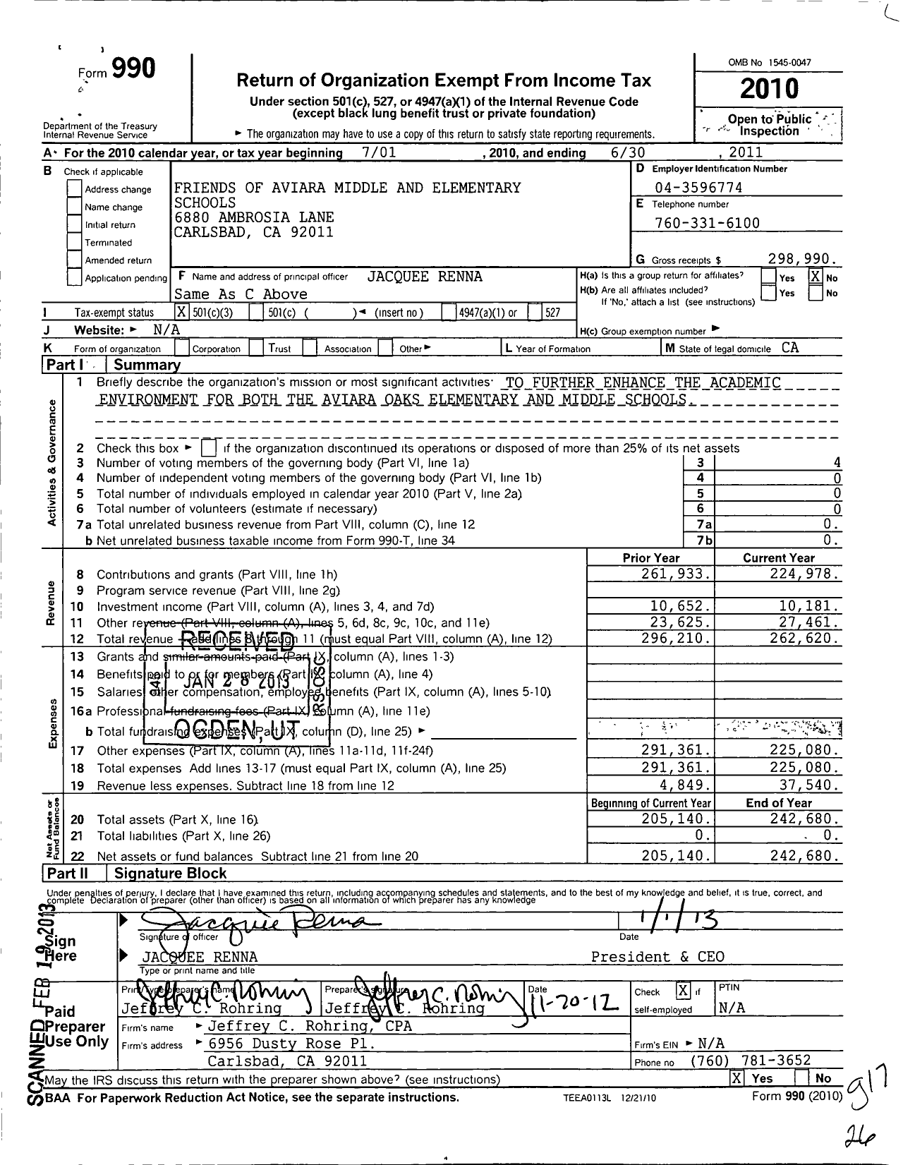 Image of first page of 2010 Form 990 for Friends of Aviara Middle and Elementary Schools