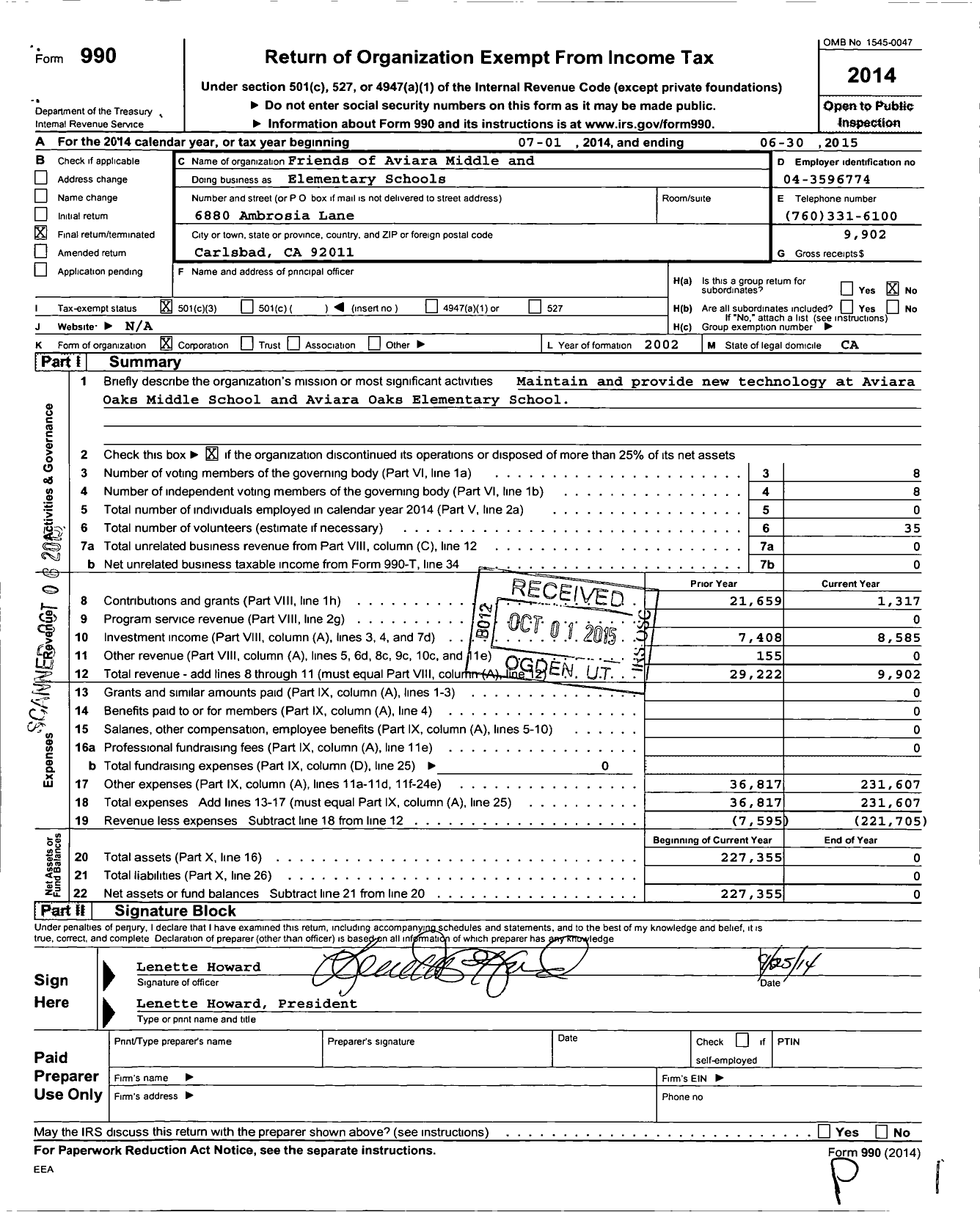 Image of first page of 2014 Form 990 for Friends of Aviara Middle and Elementary Schools