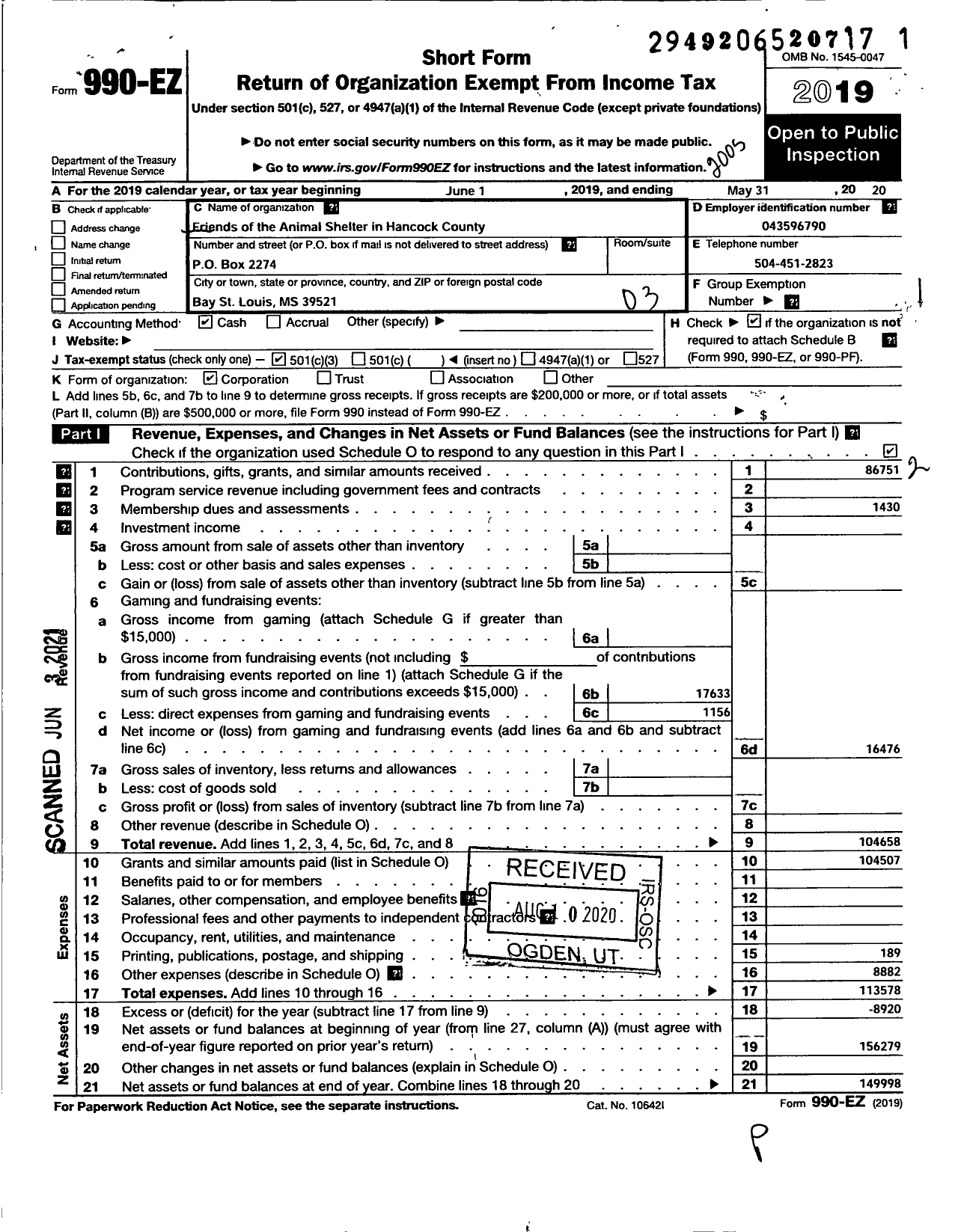 Image of first page of 2019 Form 990EZ for Friends of the Animal Shelter in Hancock County