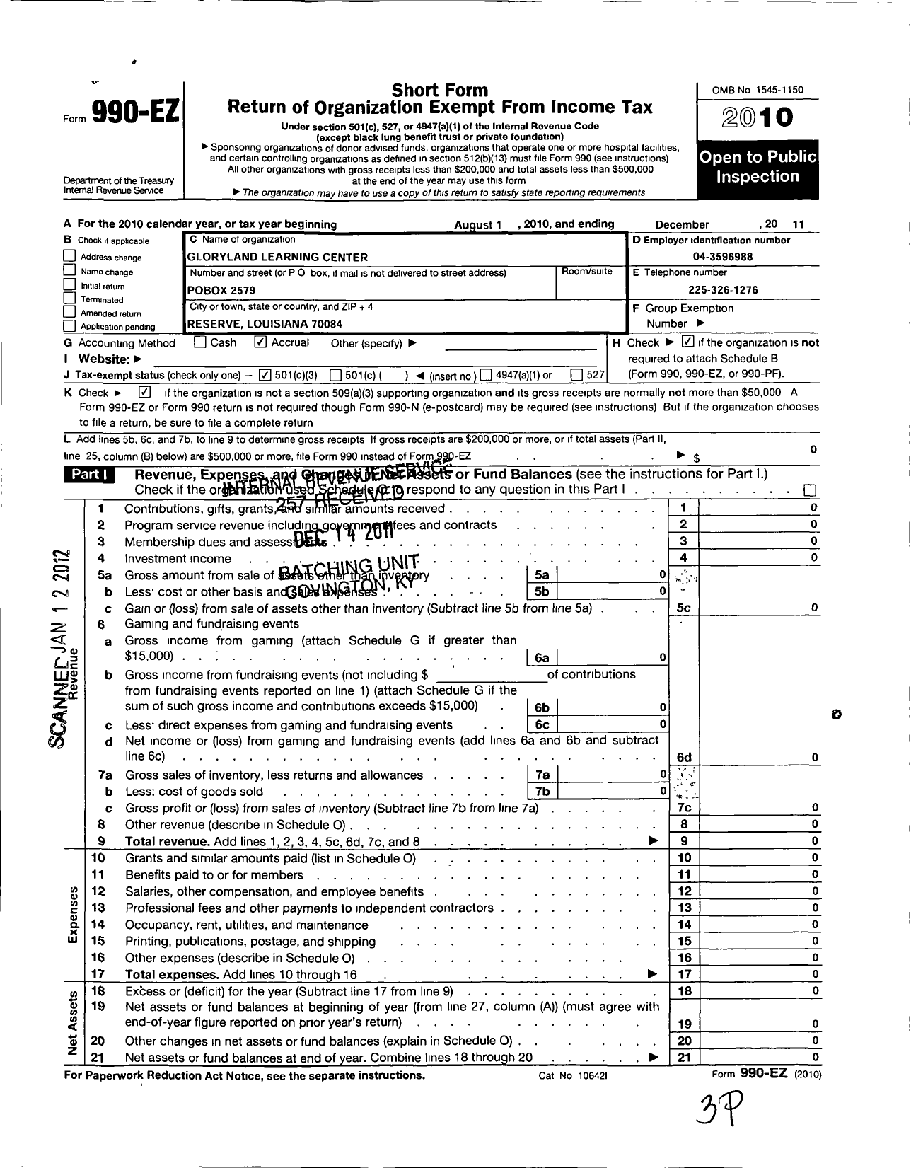 Image of first page of 2011 Form 990EZ for Glory Land Learning Center