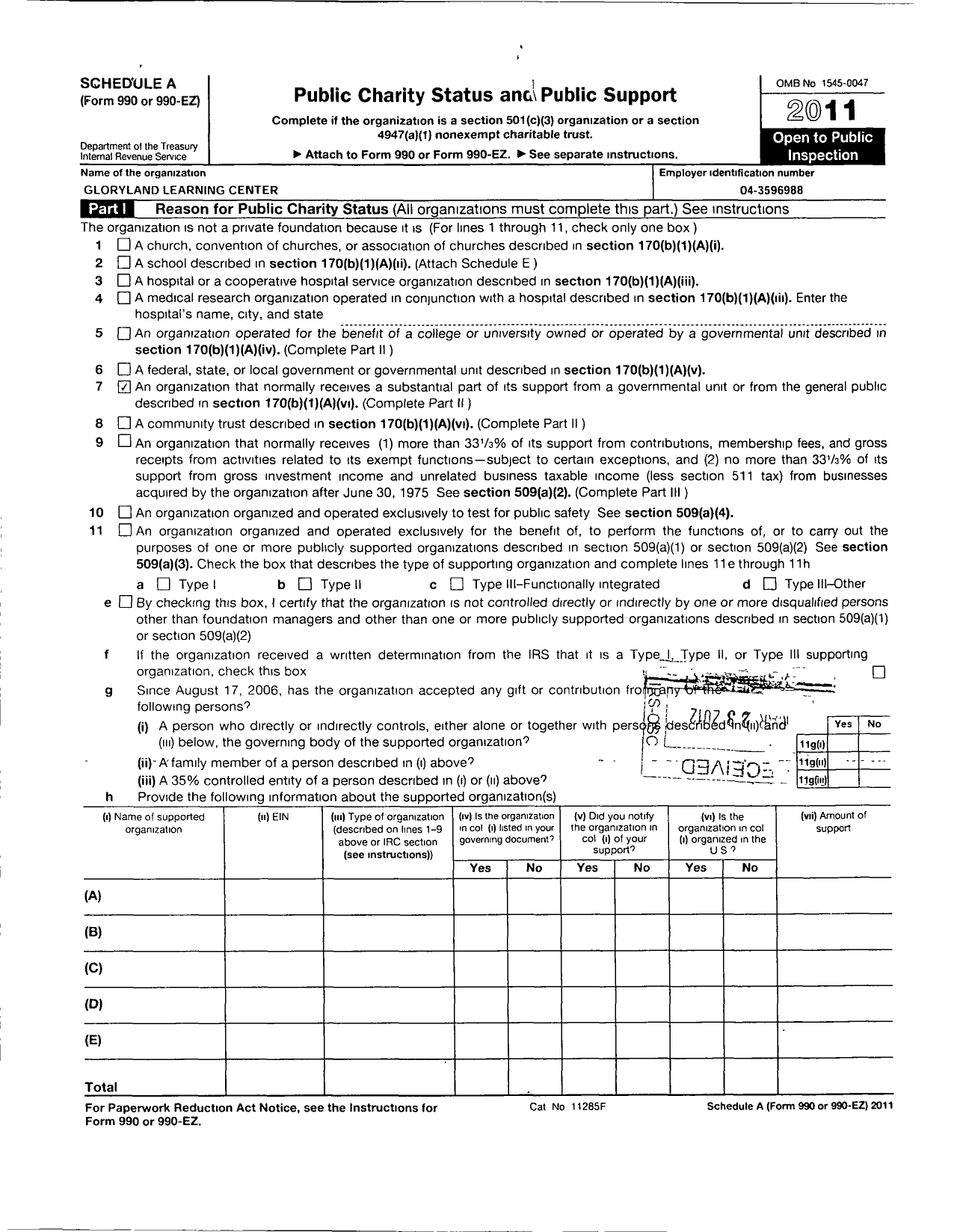 Image of first page of 2011 Form 990ER for Glory Land Learning Center