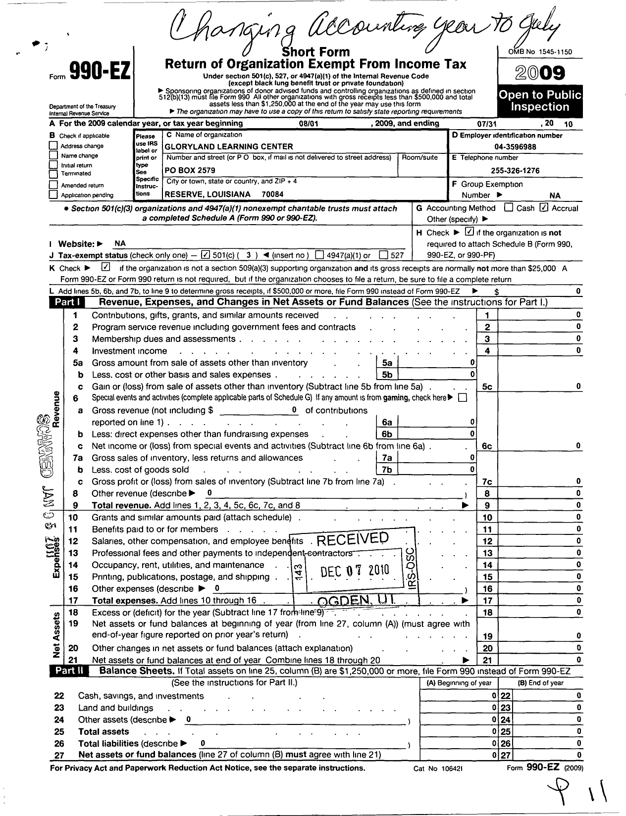 Image of first page of 2009 Form 990EZ for Glory Land Learning Center