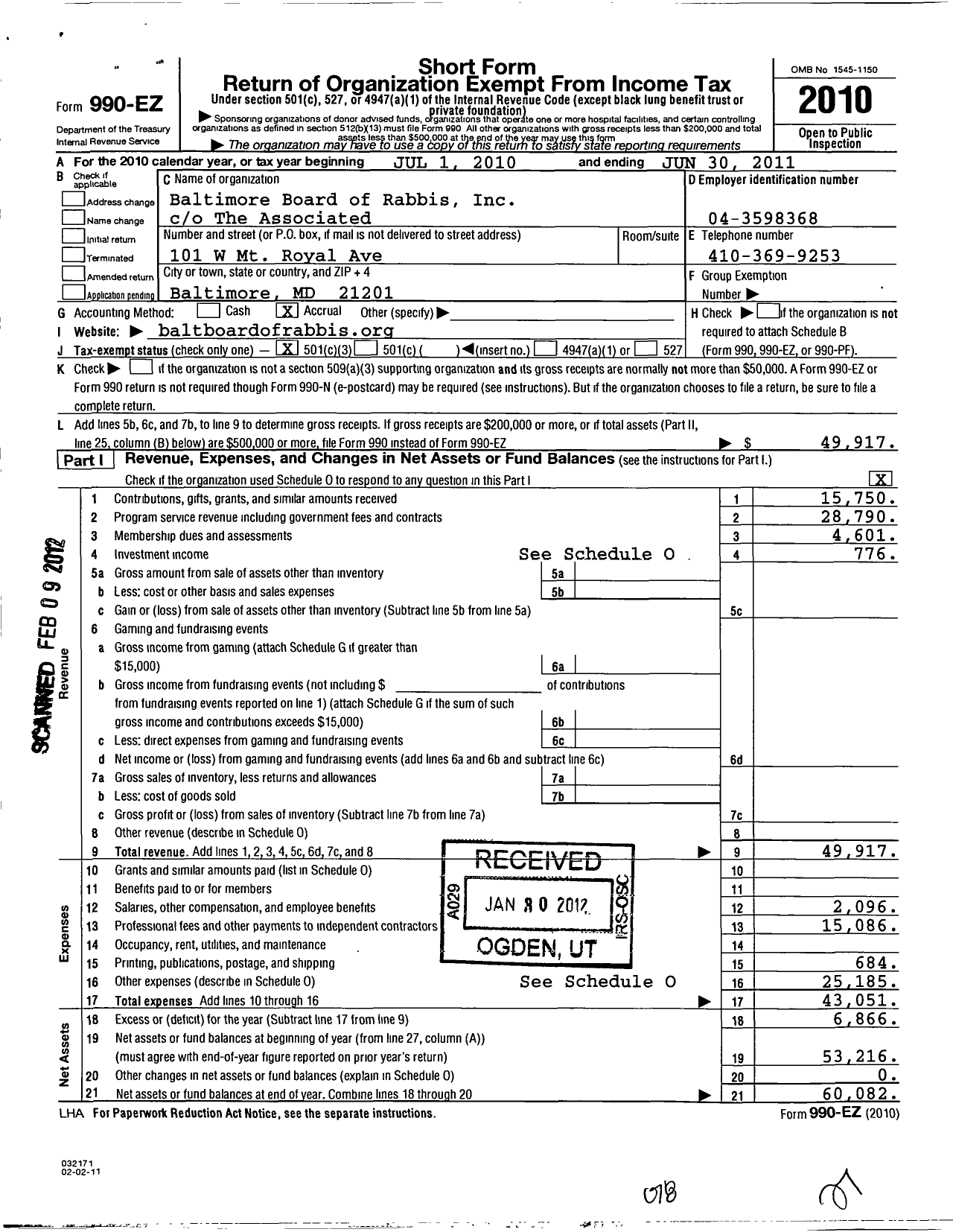 Image of first page of 2010 Form 990EZ for Baltimore Board of Rabbis