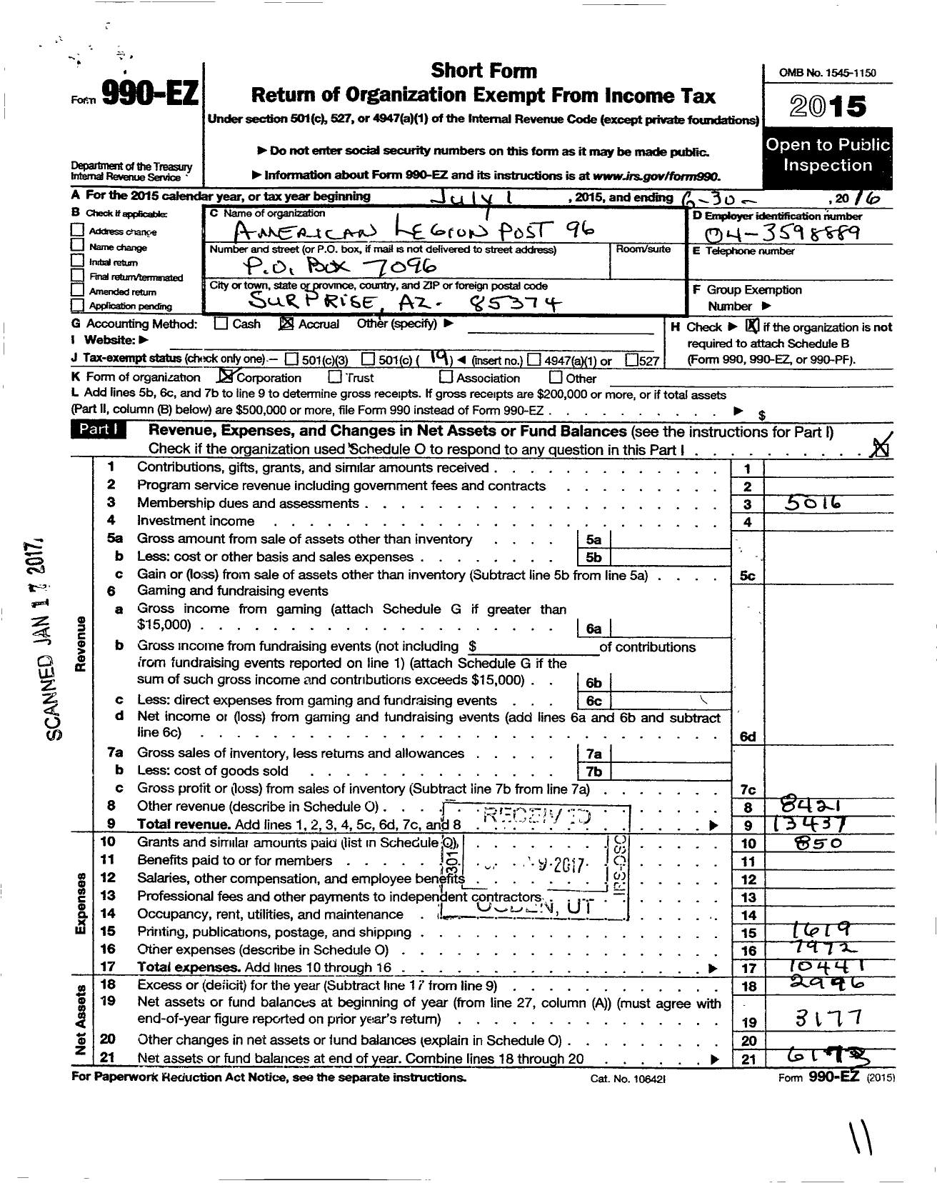 Image of first page of 2015 Form 990EO for American Legion - 96 Joseph Q Johnson Az Post