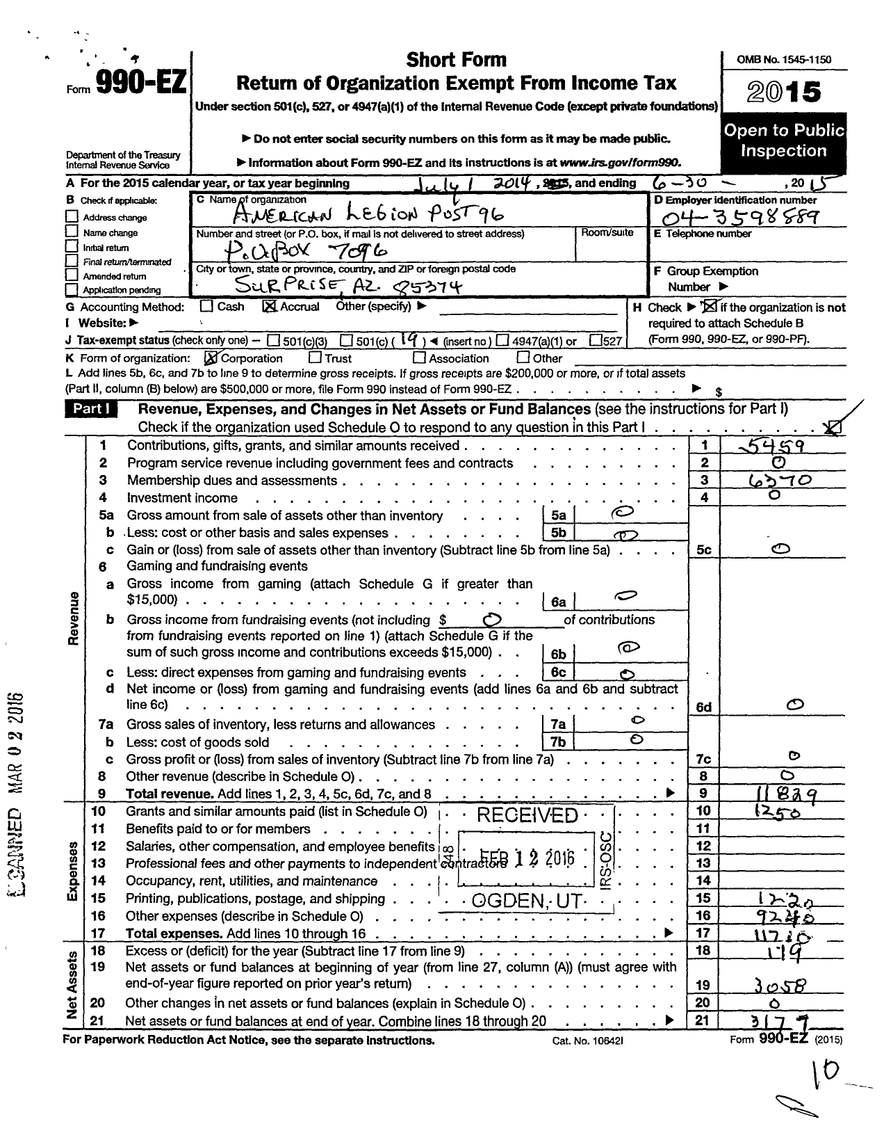 Image of first page of 2014 Form 990EO for American Legion - 96 Joseph Q Johnson Az Post