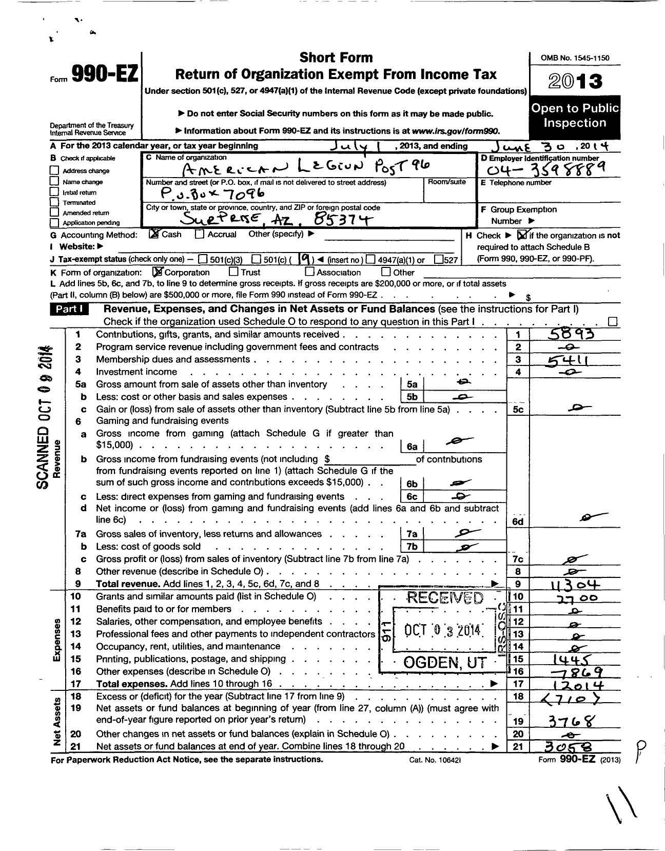 Image of first page of 2013 Form 990EO for American Legion - 96 Joseph Q Johnson Az Post