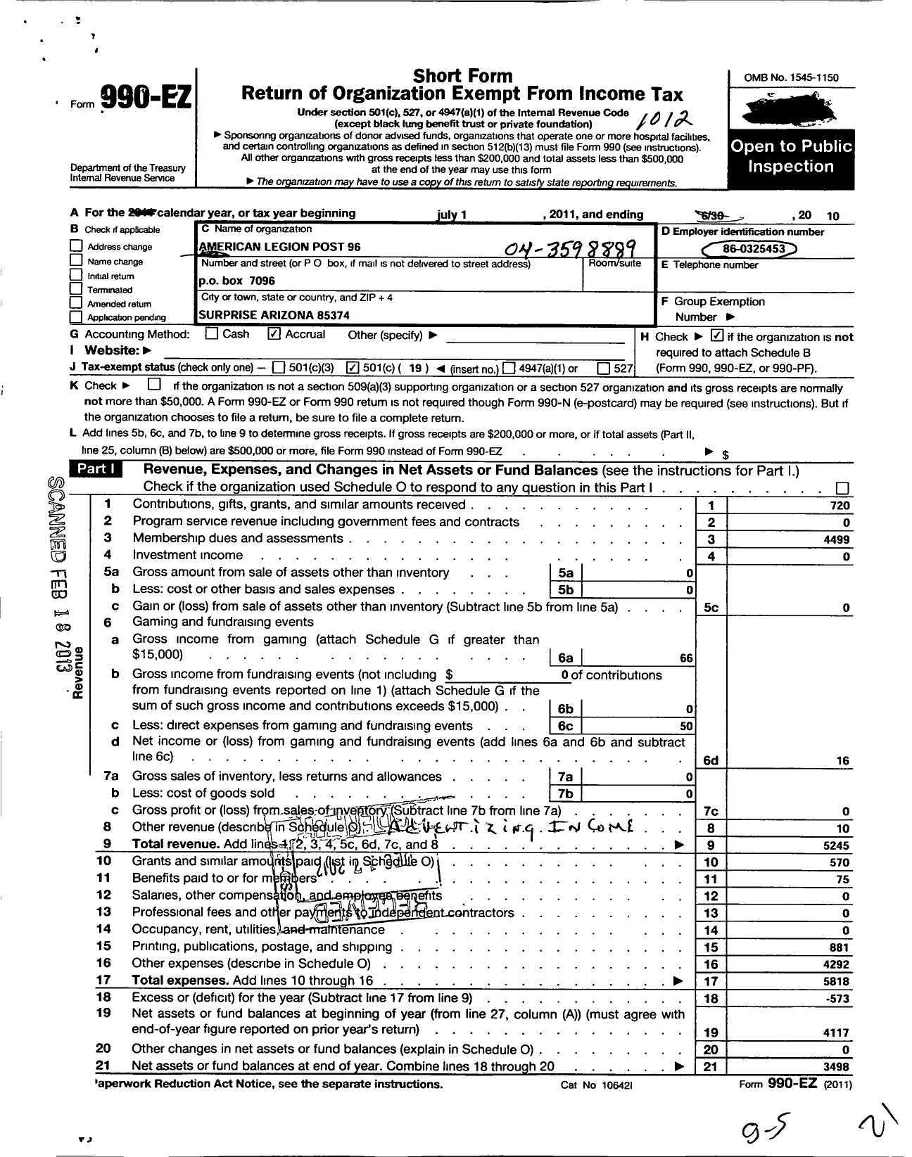 Image of first page of 2010 Form 990EO for American Legion - 96 Joseph Q Johnson Az Post