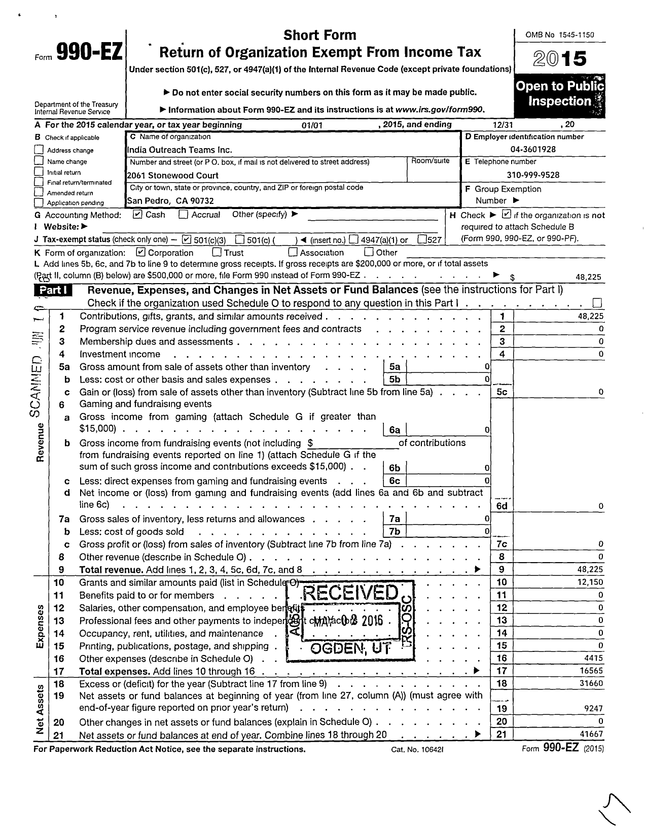 Image of first page of 2015 Form 990EZ for India Outreach Teams