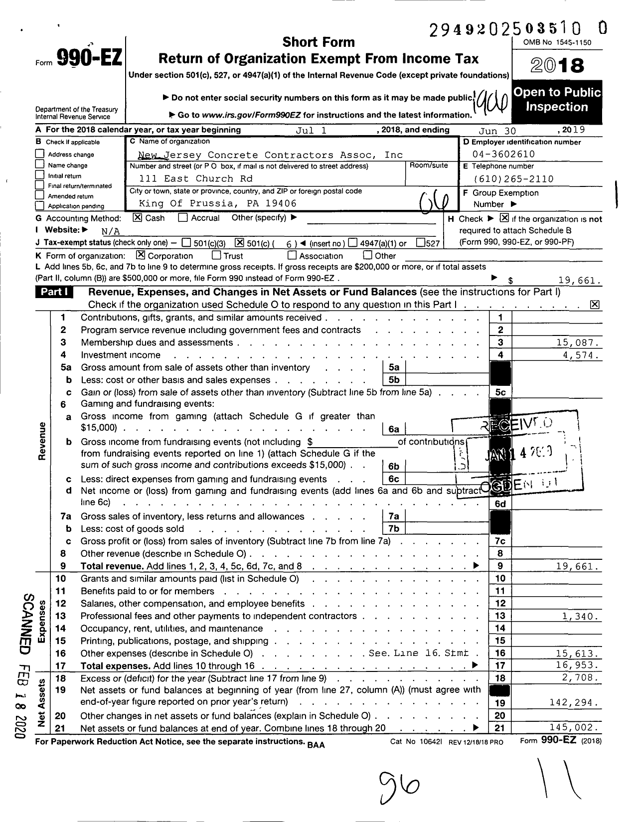 Image of first page of 2018 Form 990EO for Concrete Contractors Assoc