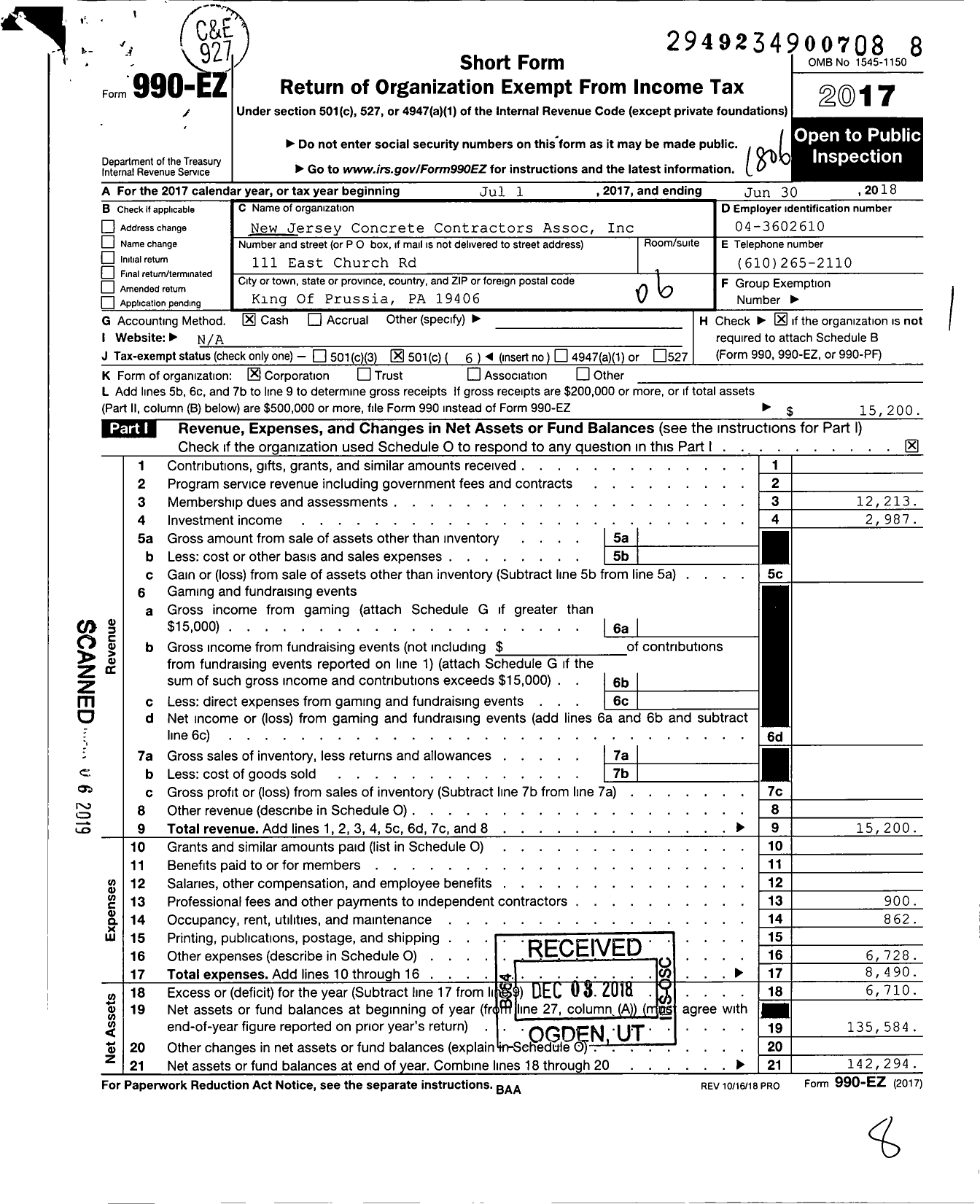 Image of first page of 2017 Form 990EO for Concrete Contractors Assoc