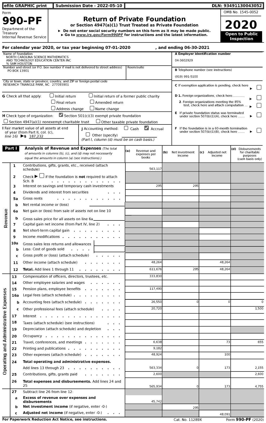 Image of first page of 2020 Form 990PF for North Carolina Science Mathematics and Technology Education Center