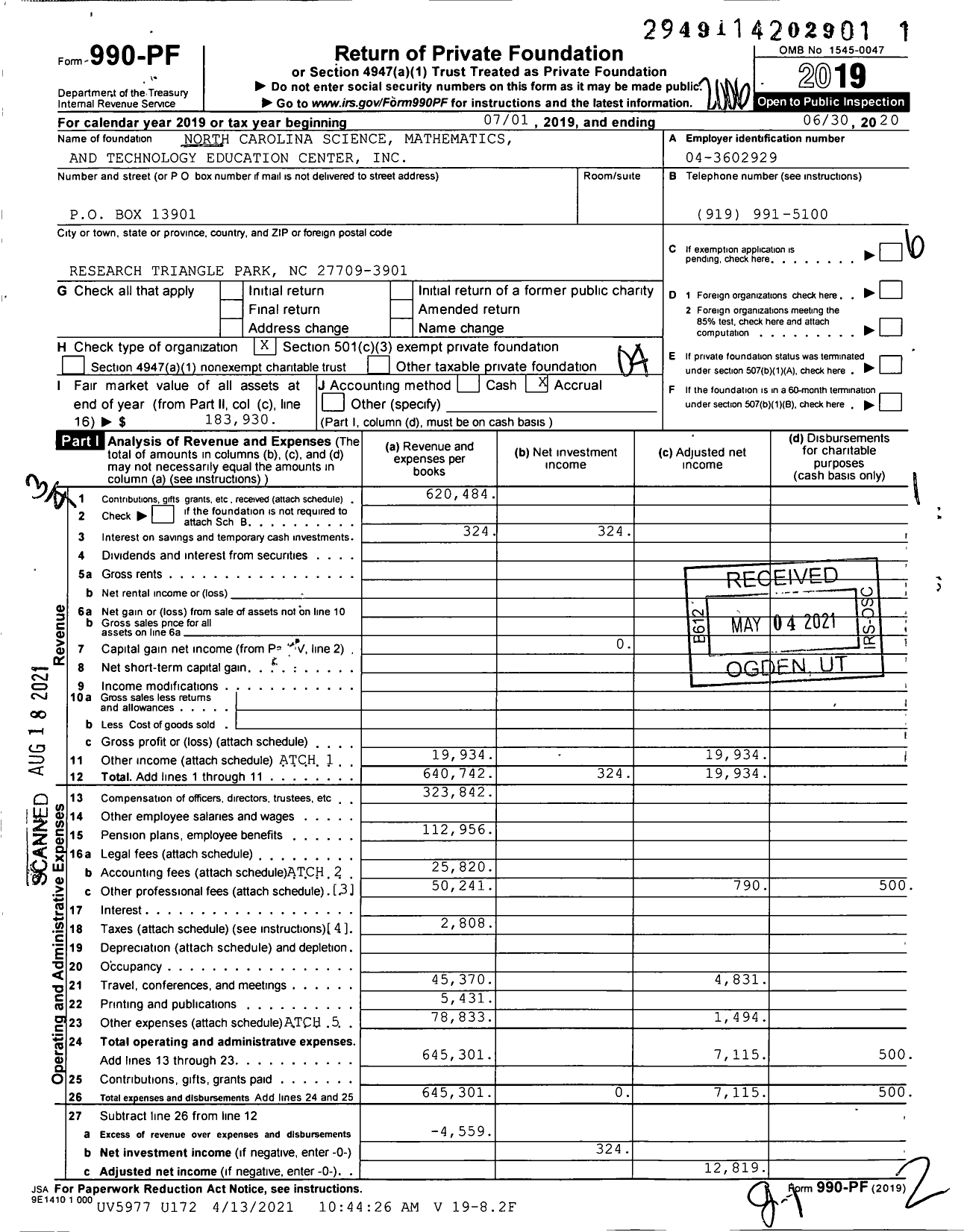 Image of first page of 2019 Form 990PF for North Carolina Science Mathematics and Technology Education Center