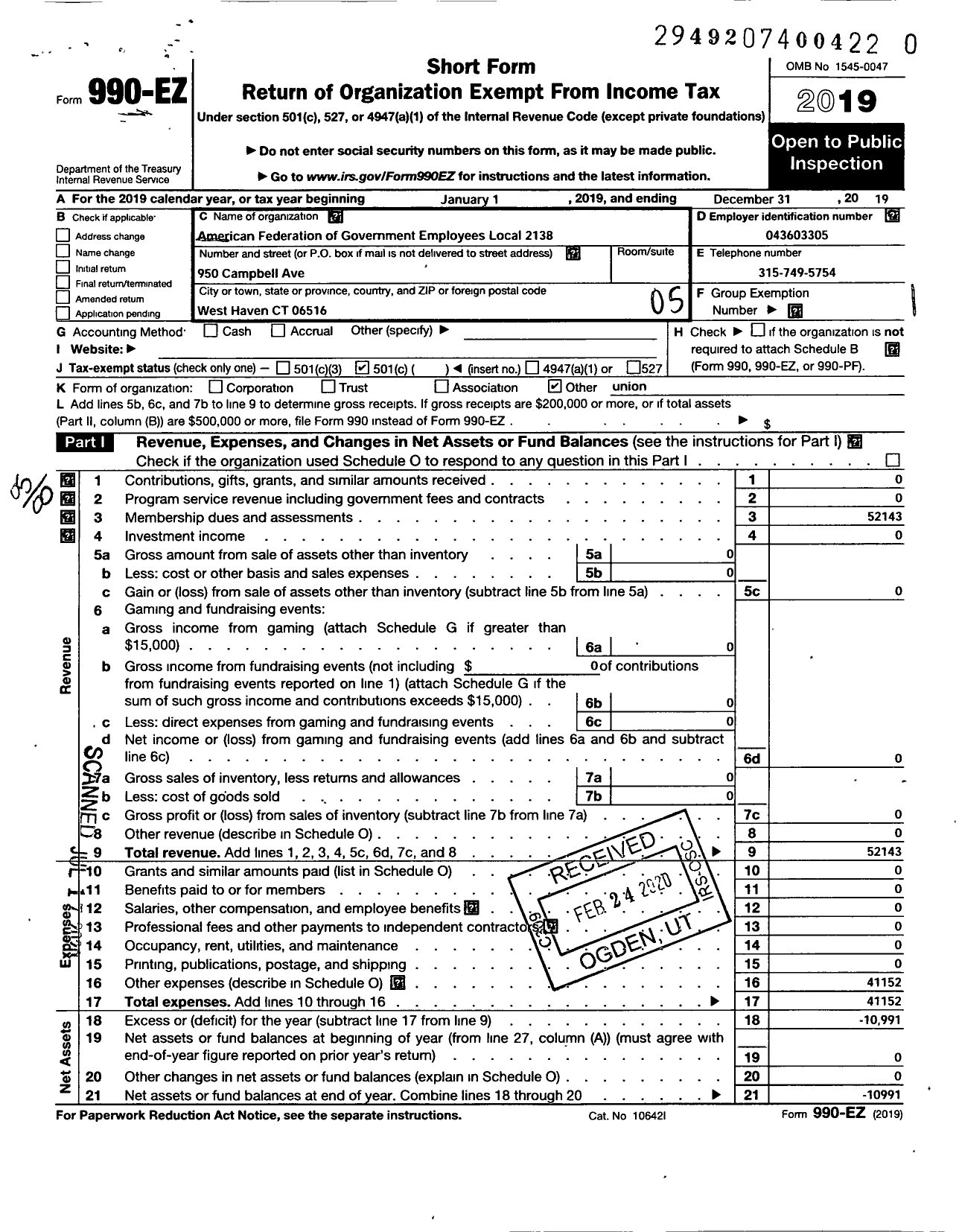 Image of first page of 2019 Form 990EO for American Federation of Government Employees - 2138 Afge Local