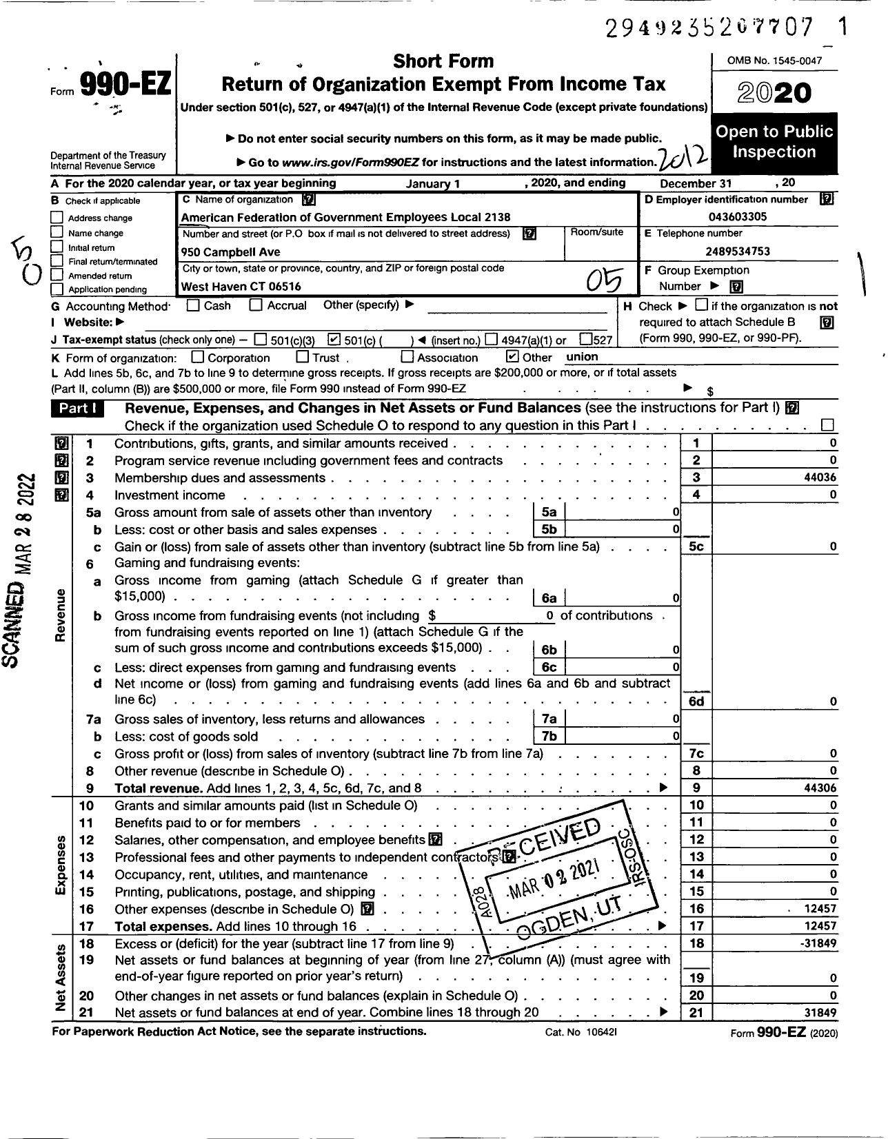 Image of first page of 2020 Form 990EO for American Federation of Government Employees - 2138 Afge Local