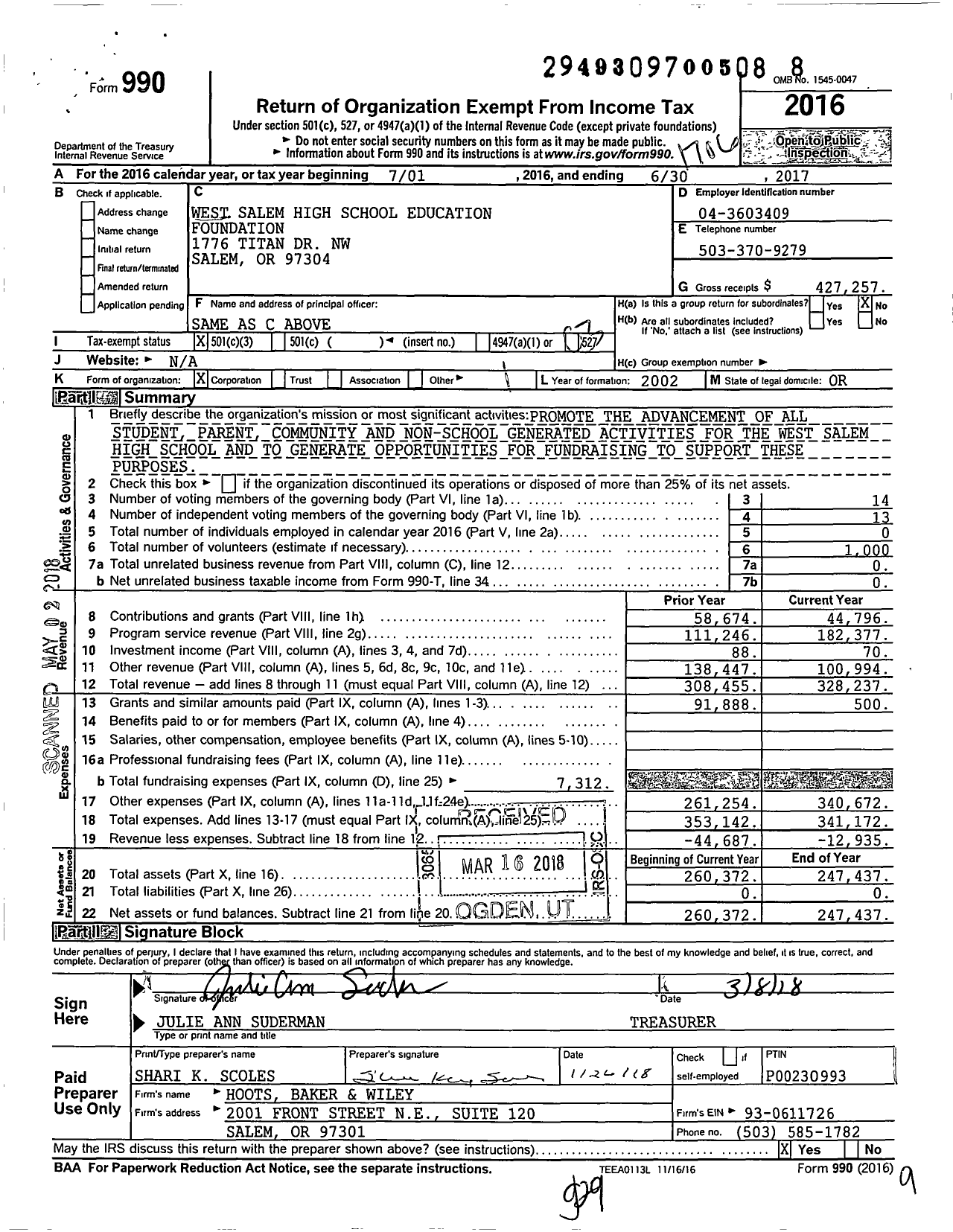 Image of first page of 2016 Form 990 for West Salem High School Education Foundation