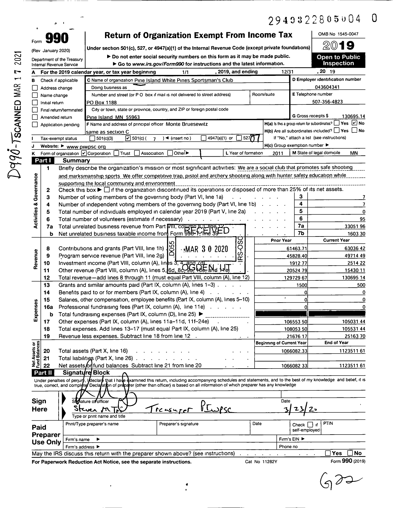 Image of first page of 2019 Form 990O for Pine Island White Pines Sportsmans Club