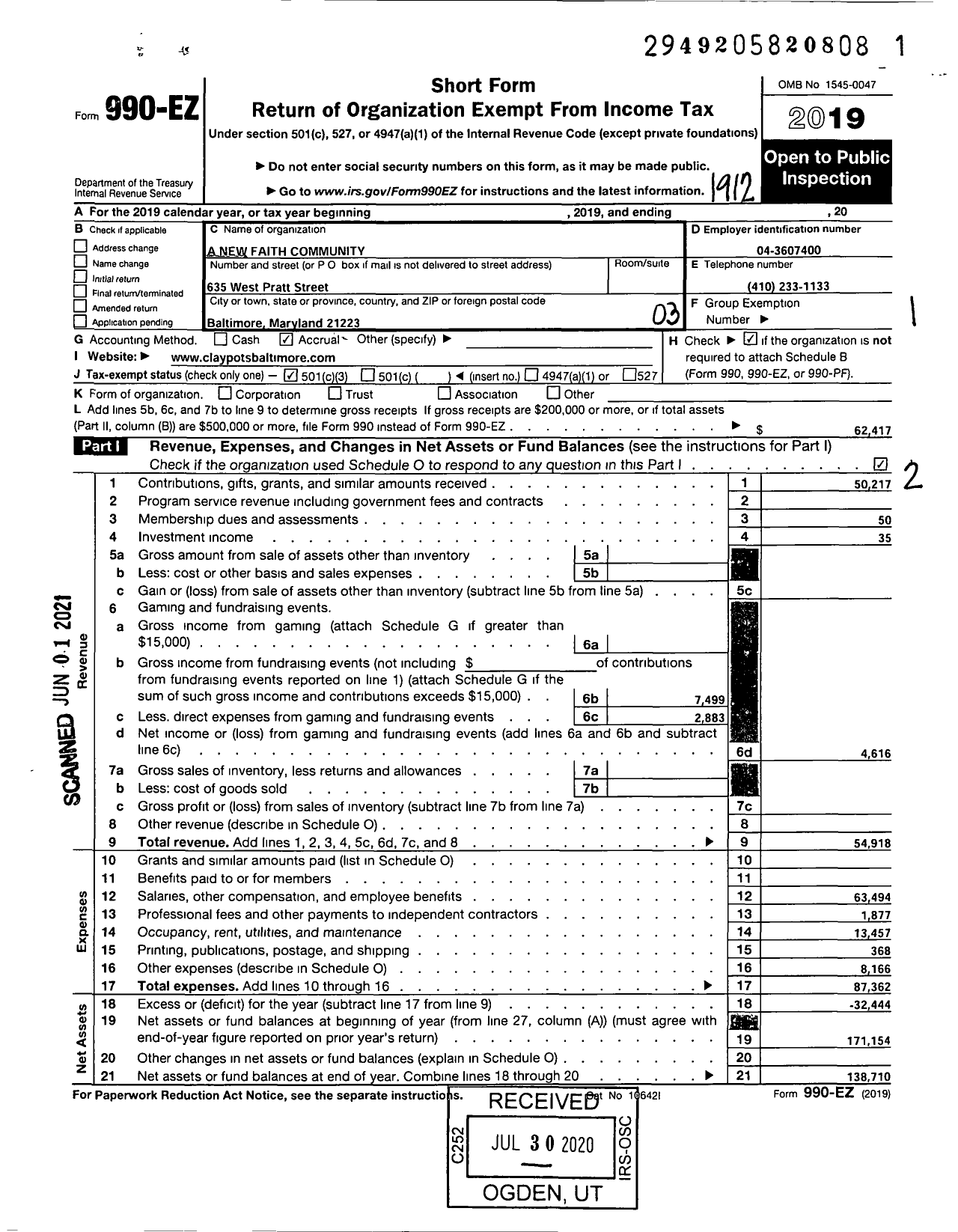 Image of first page of 2019 Form 990EZ for Clay Pots