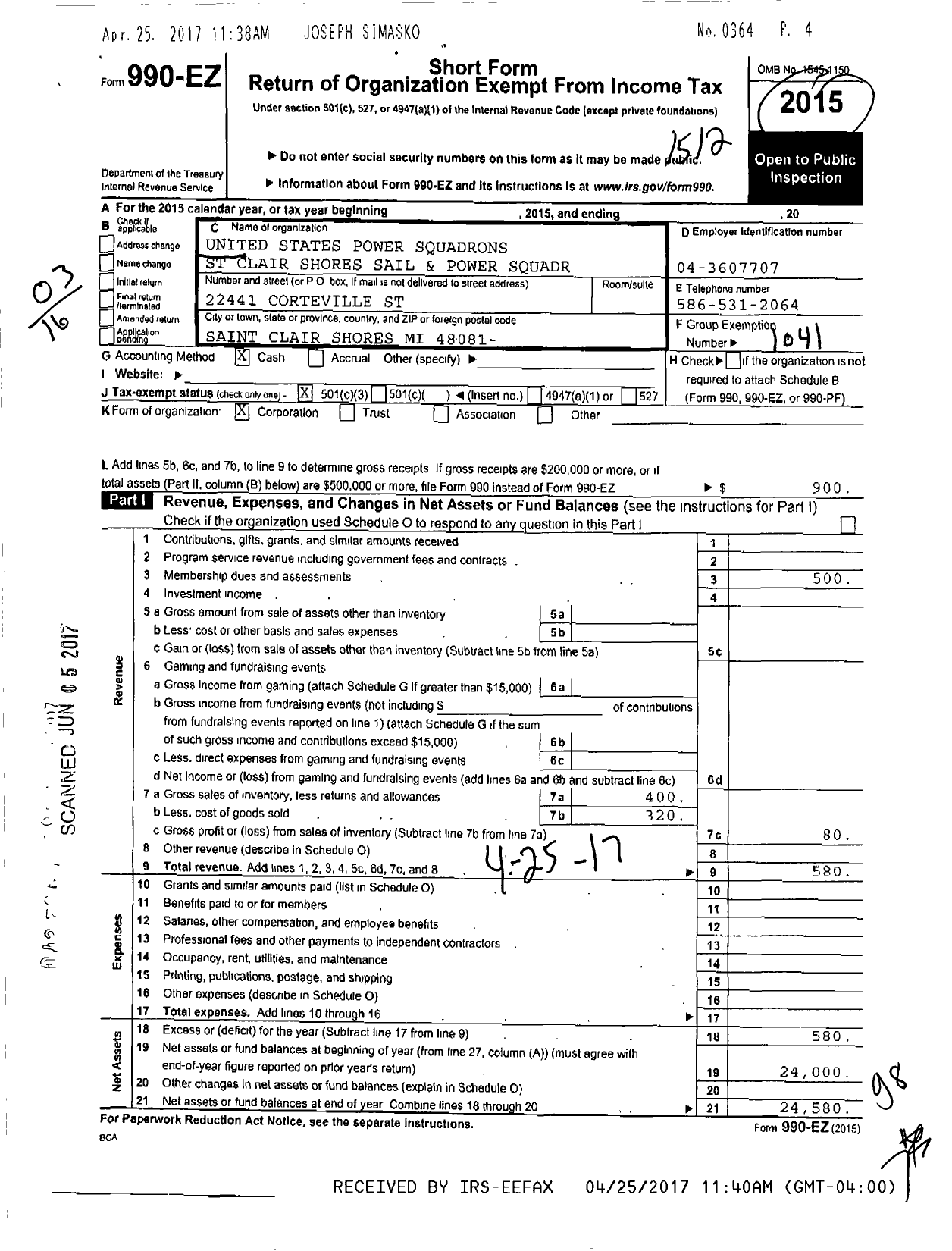 Image of first page of 2015 Form 990EZ for United States Power Squadrons - St Clair Shores Sail & Power Squad