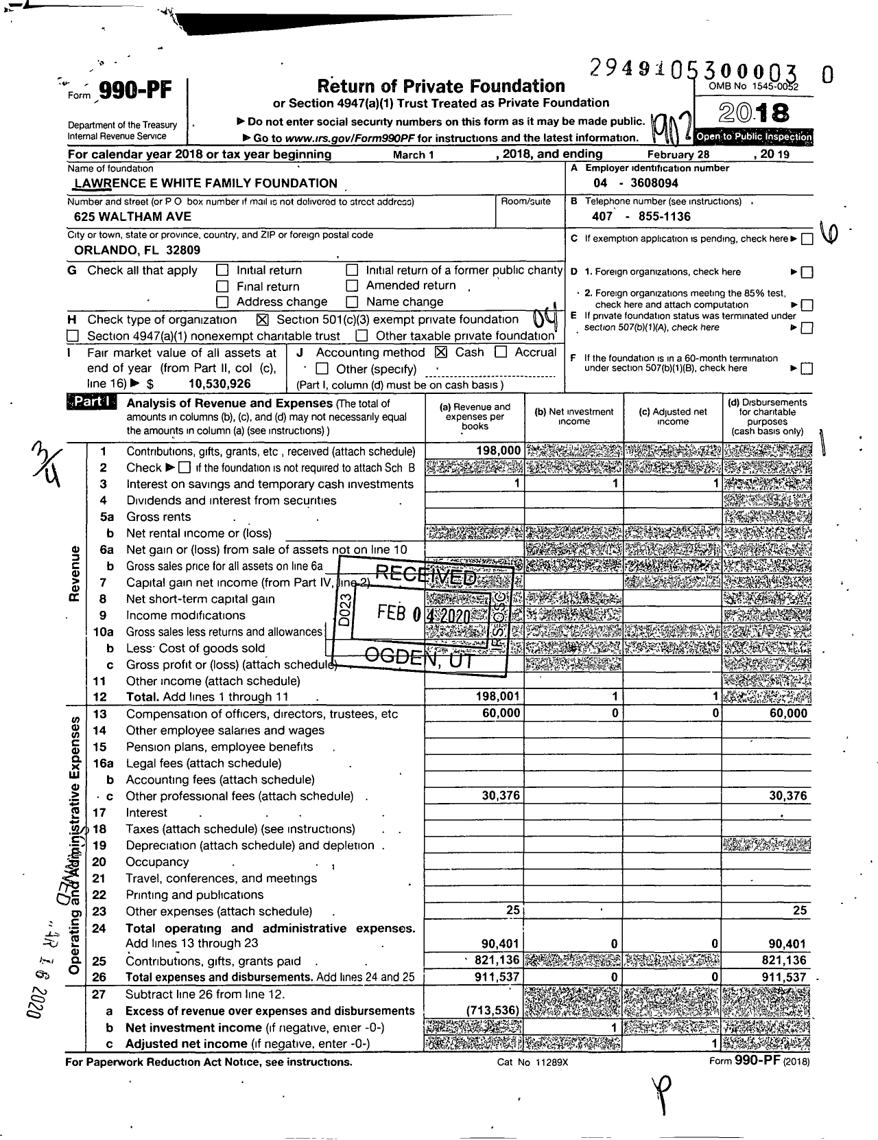 Image of first page of 2018 Form 990PR for Lawrence E White Family Foundation