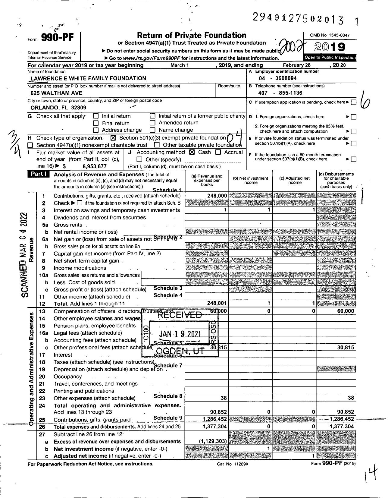 Image of first page of 2019 Form 990PF for Lawrence E White Family Foundation