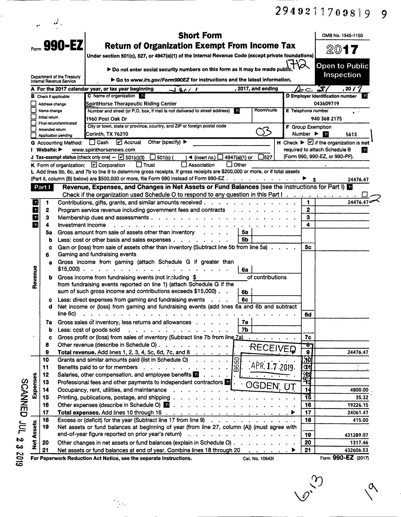 Image of first page of 2017 Form 990EZ for SpiritHorse Therapeutic Riding Center / Spirithorse International
