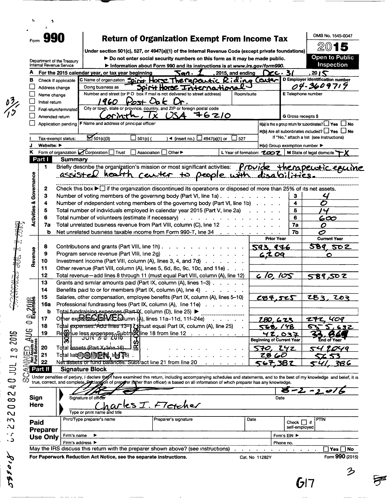 Image of first page of 2015 Form 990 for SpiritHorse Therapeutic Riding Center / Spirithorse International
