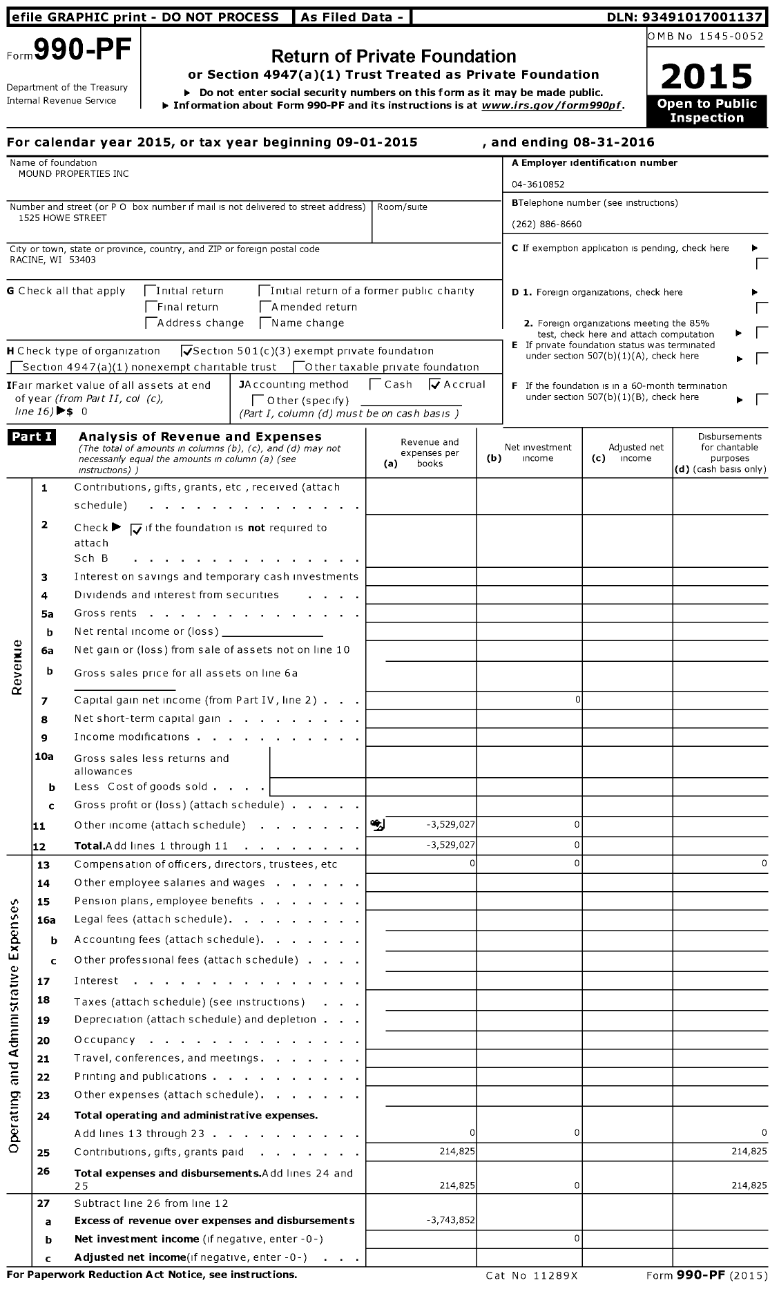 Image of first page of 2015 Form 990PF for Mound Properties