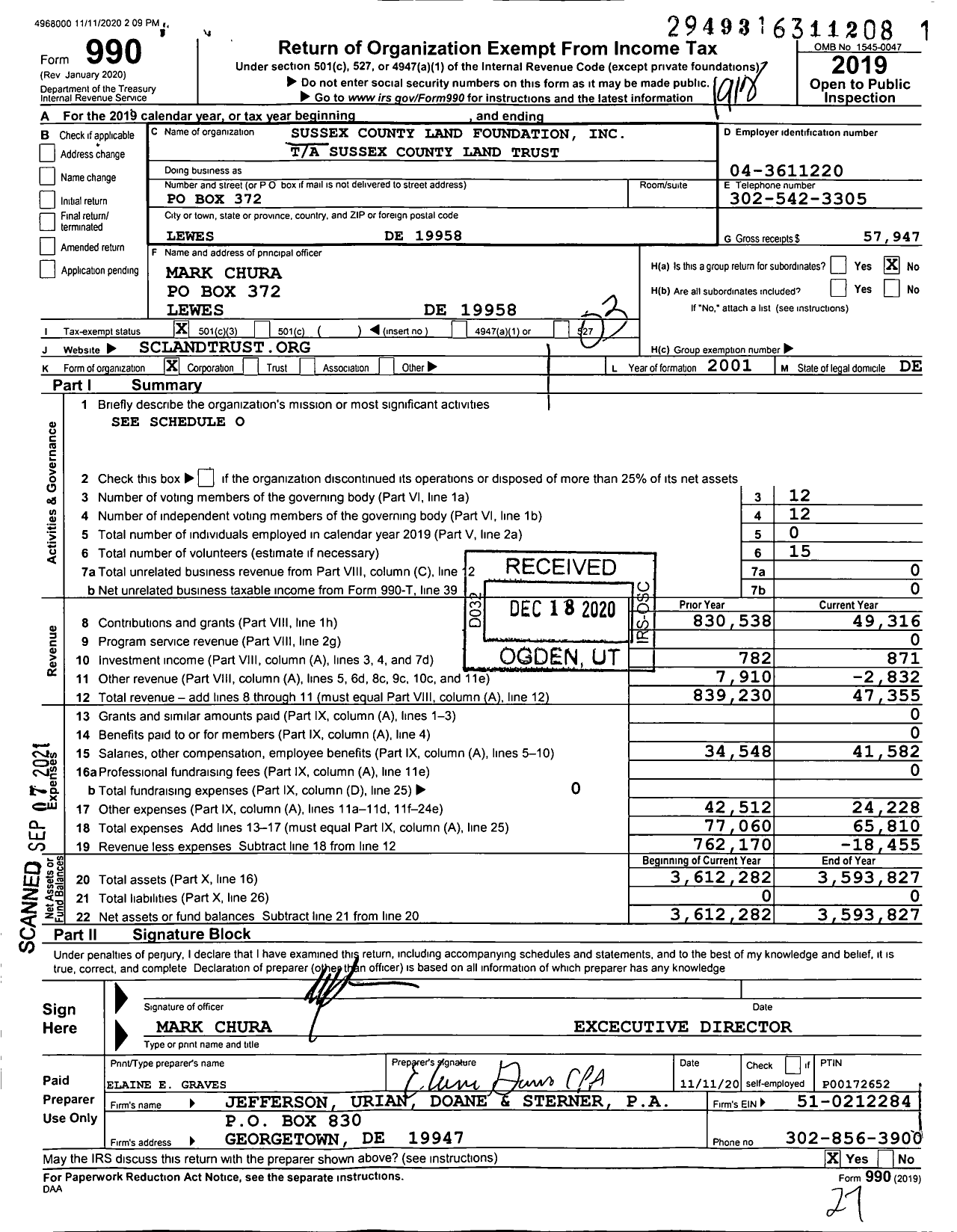 Image of first page of 2019 Form 990 for Sussex County Land Foundation