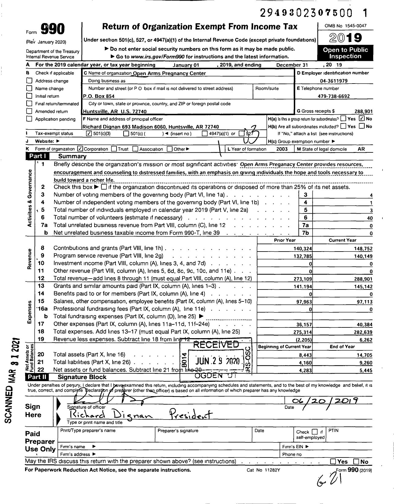 Image of first page of 2019 Form 990 for Open Arms Pregnancy Center