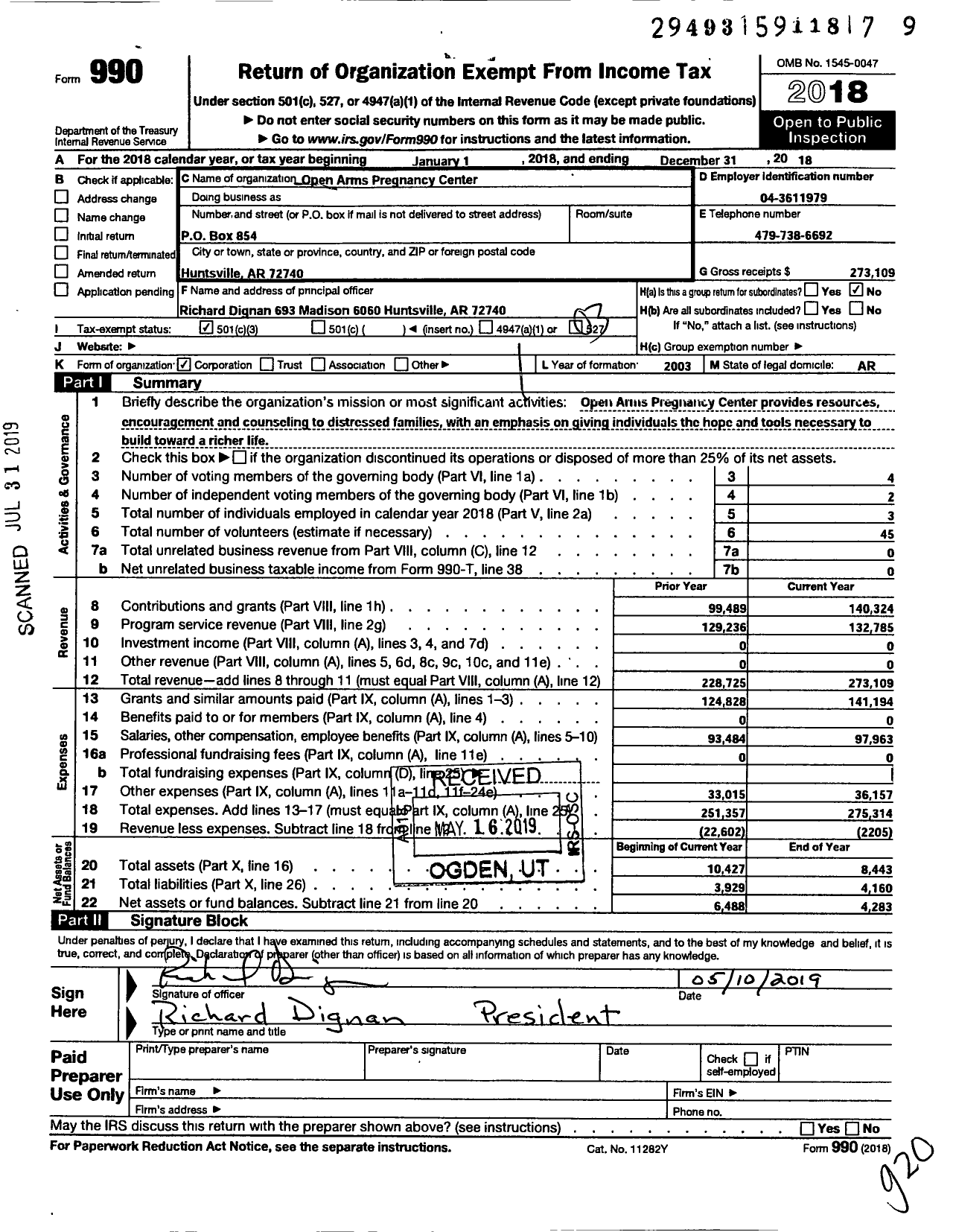 Image of first page of 2018 Form 990 for Open Arms Pregnancy Center