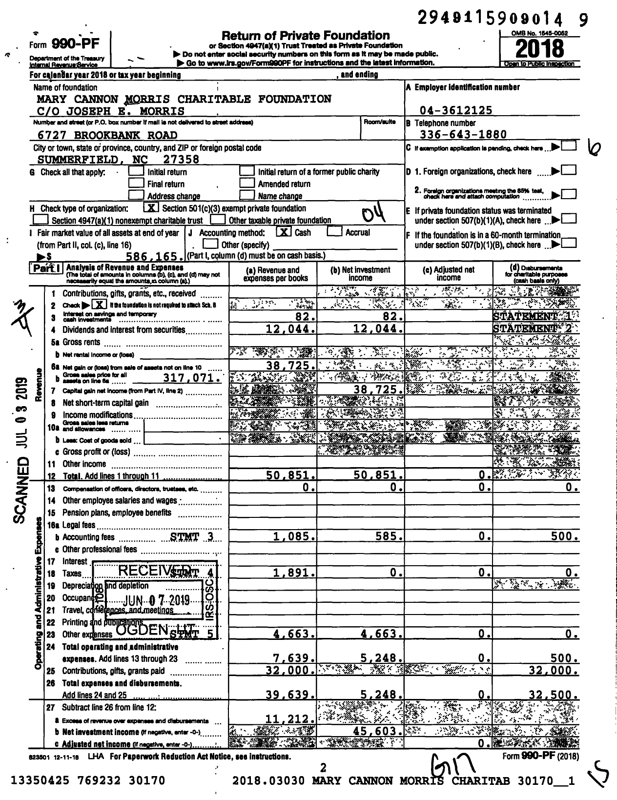 Image of first page of 2018 Form 990PF for Mary Cannon Morris Charitable Foundation