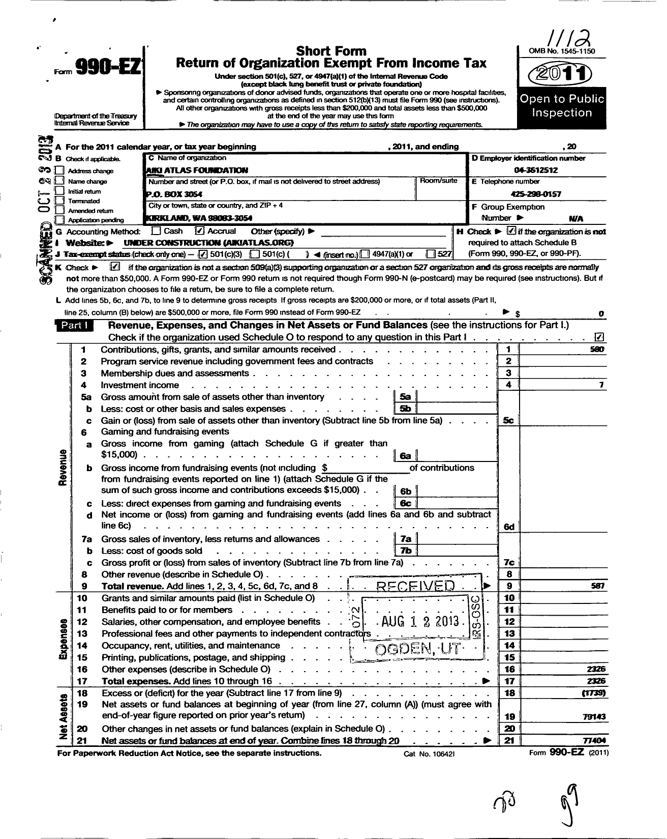 Image of first page of 2011 Form 990EZ for Aiki Atlas Foundation