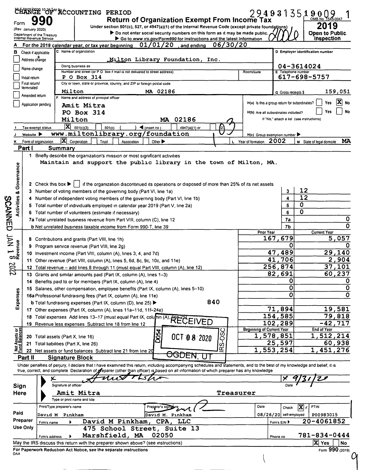 Image of first page of 2019 Form 990 for Milton Library Foundation