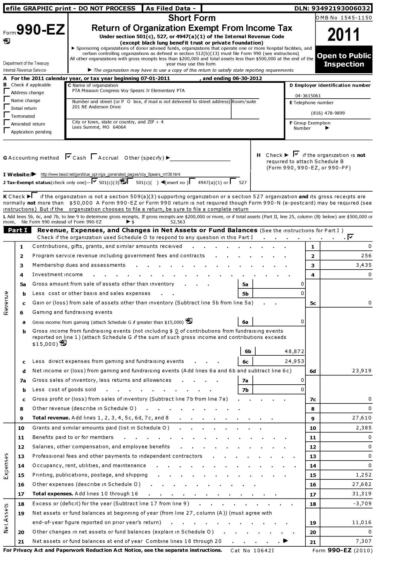 Image of first page of 2011 Form 990EZ for PTA Missouri Congress Voy Spears JR Elementary PTA