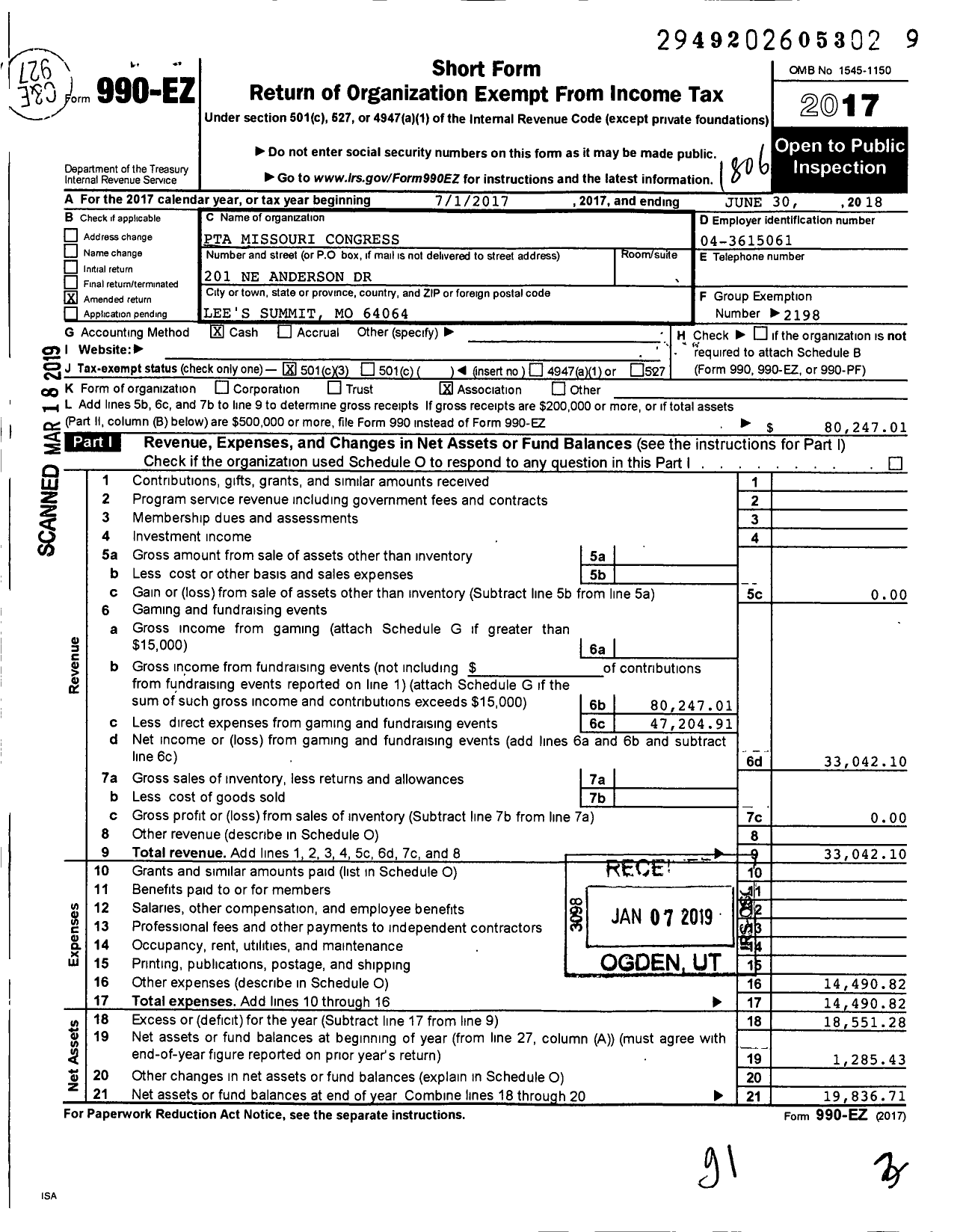 Image of first page of 2017 Form 990EZ for PTA Missouri Congress / Voy Spears JR Elementary PTA