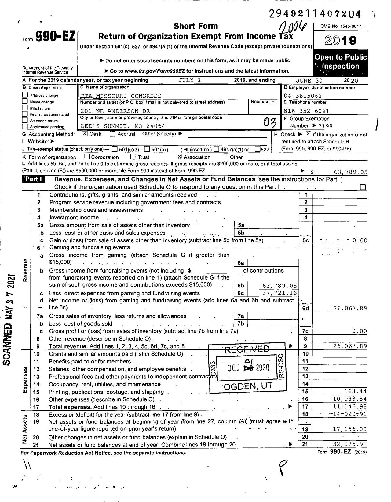 Image of first page of 2019 Form 990EZ for PTA Missouri Congress / Voy Spears JR Elementary PTA