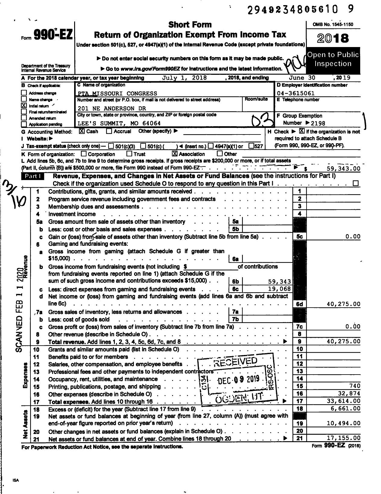 Image of first page of 2018 Form 990EZ for PTA Missouri Congress / Voy Spears JR Elementary PTA