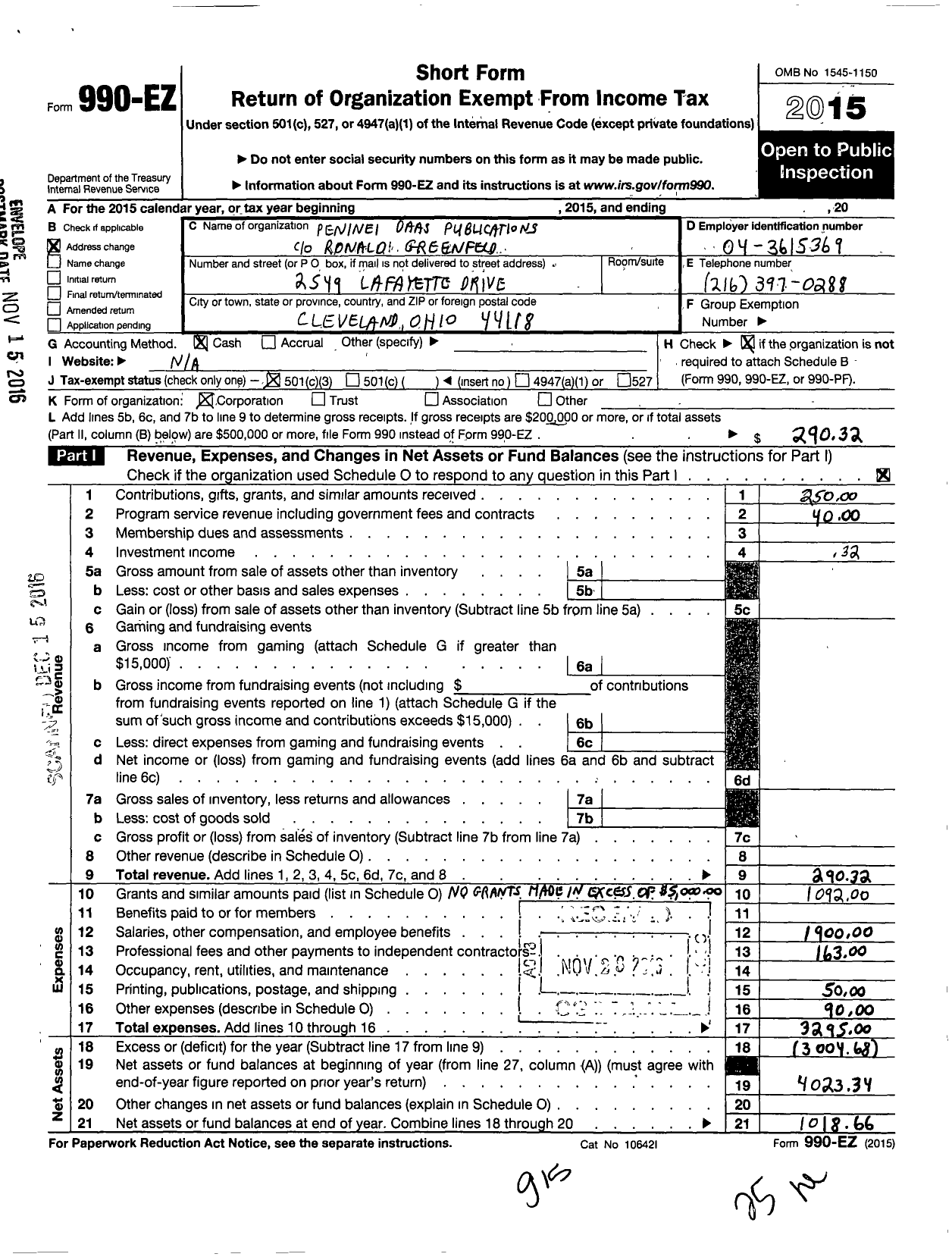 Image of first page of 2015 Form 990EZ for Peninei Daas Publications