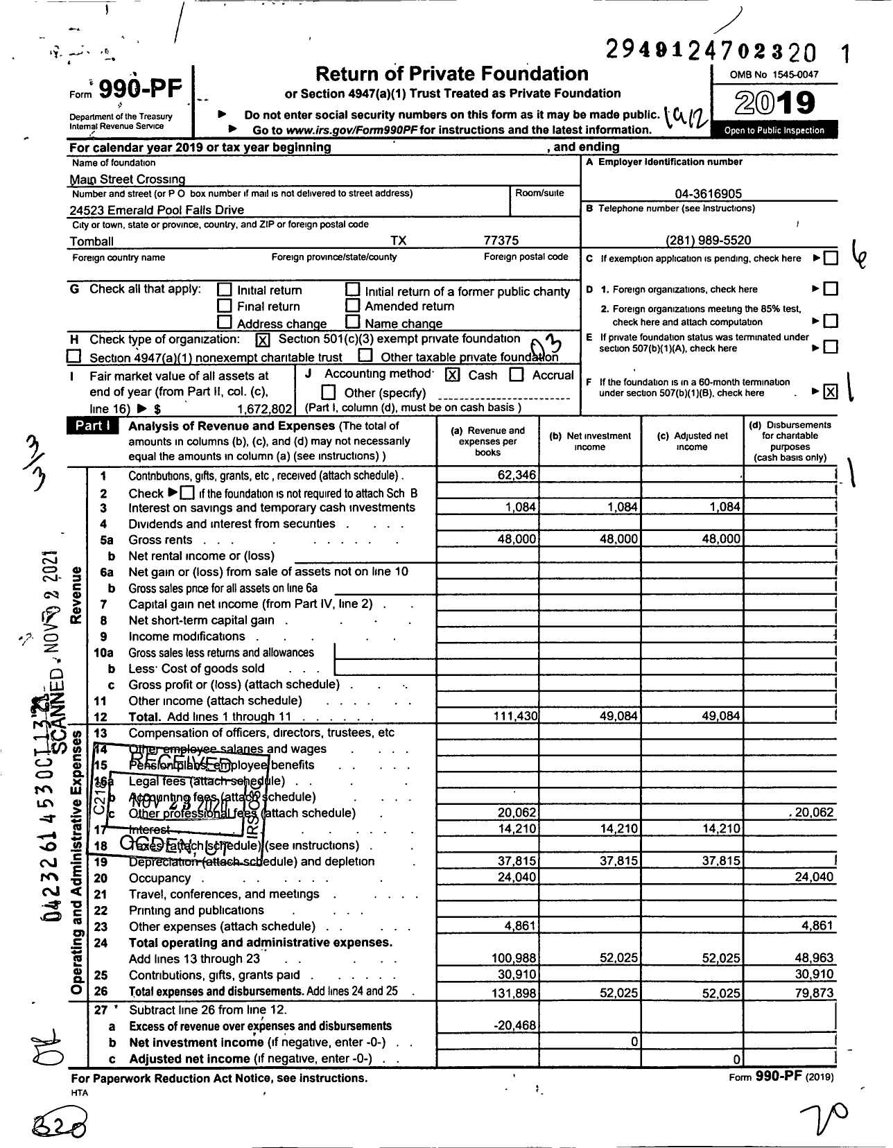 Image of first page of 2019 Form 990PF for Main Street Crossing