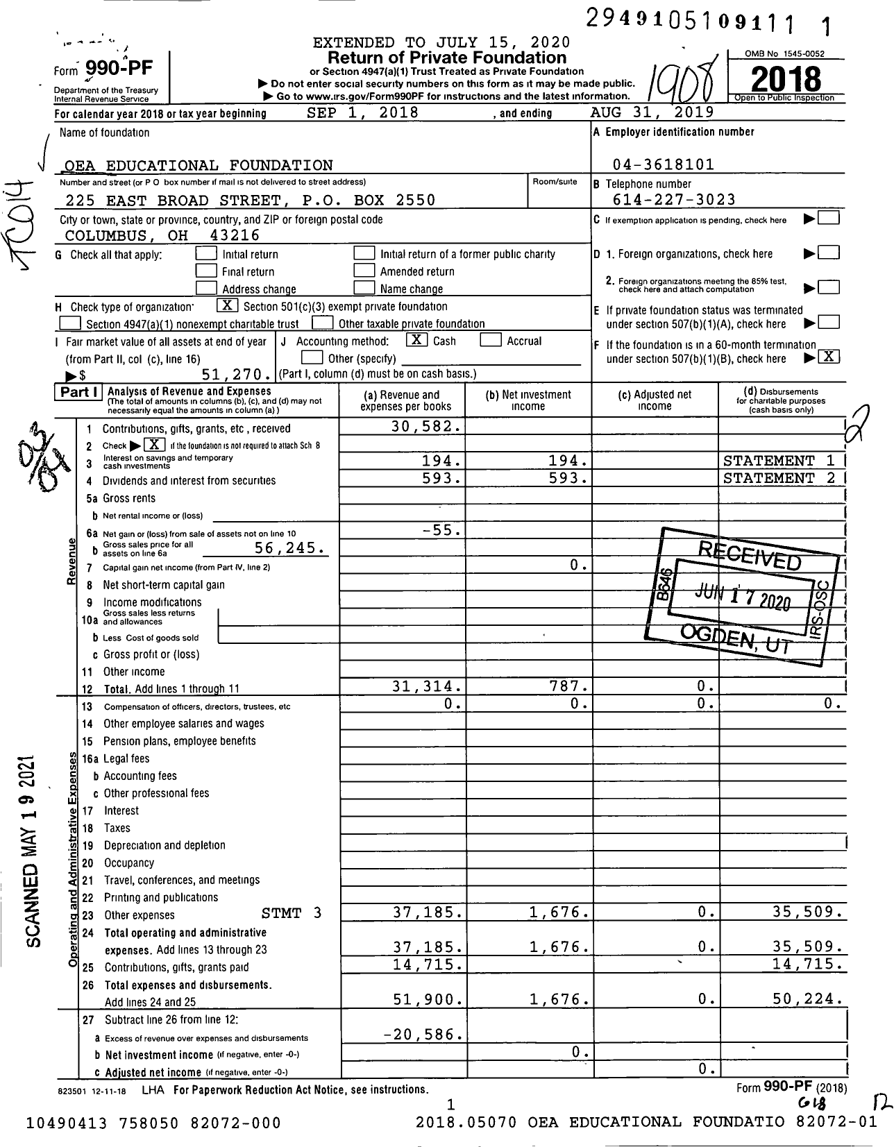 Image of first page of 2018 Form 990PF for OEA Educational Foundation