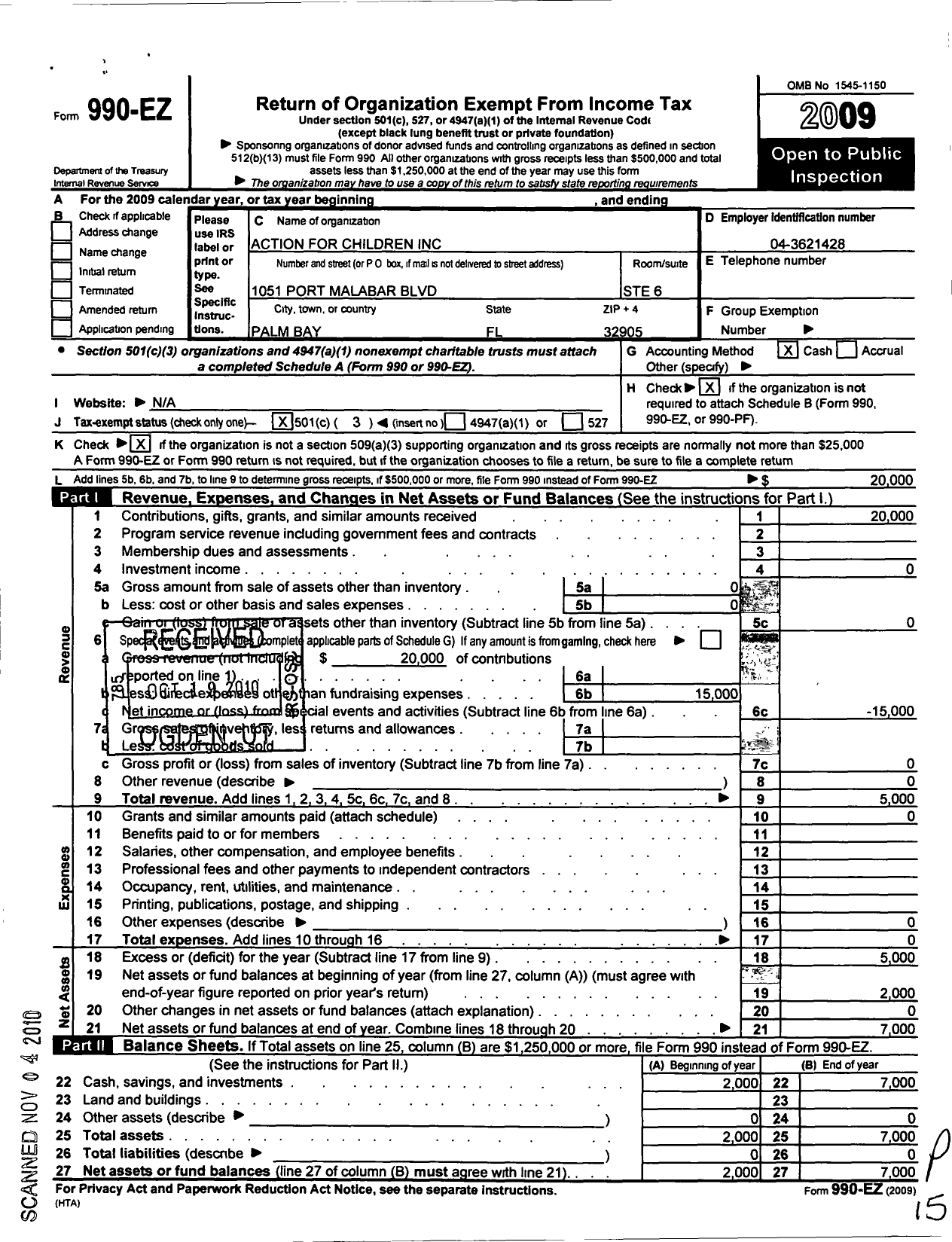 Image of first page of 2009 Form 990EZ for Action for Children