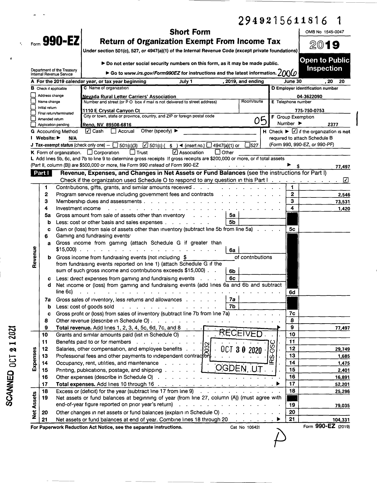 Image of first page of 2019 Form 990EO for National Rural Letter Carriers Association - Nevada Rlca