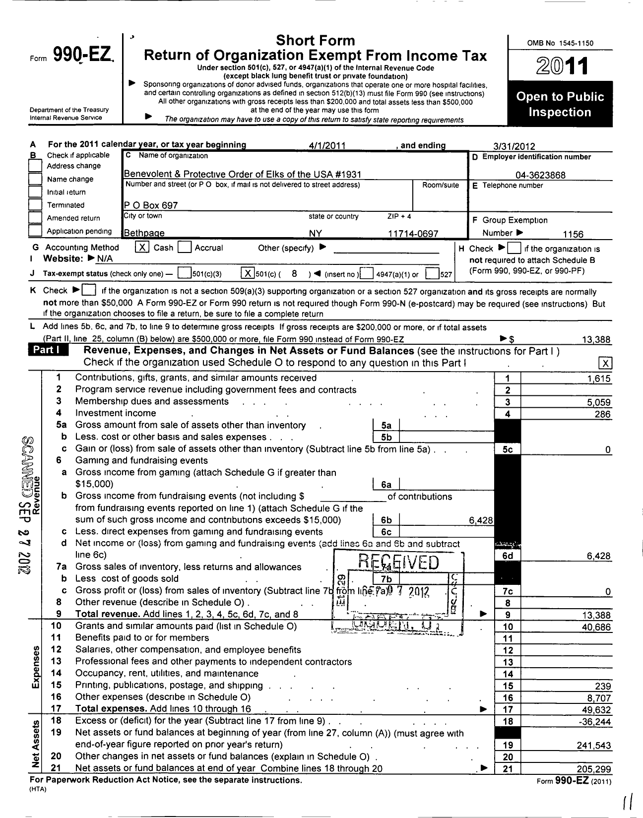 Image of first page of 2011 Form 990EO for Benevolent and Protective Order of Elks - 1931 Hicksville