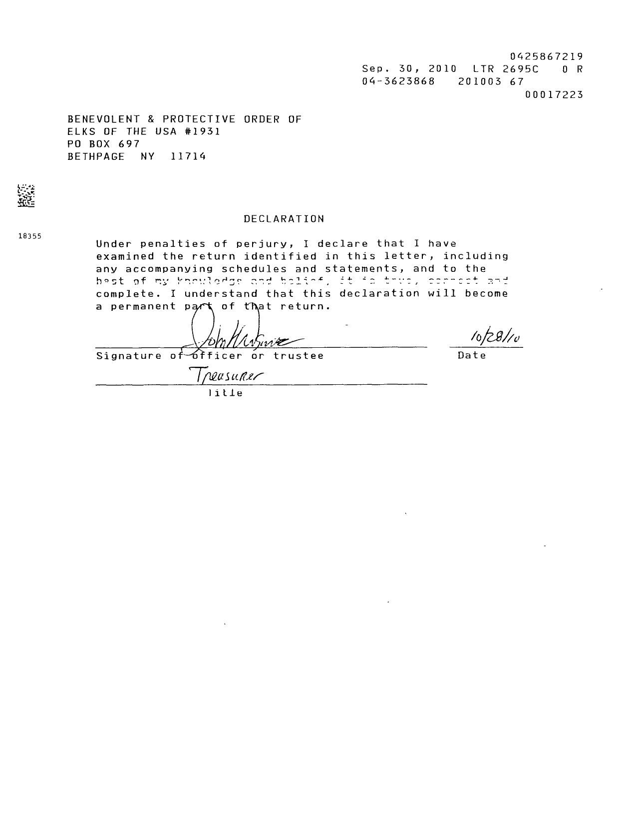 Image of first page of 2009 Form 990EOR for Benevolent and Protective Order of Elks - 1931 Hicksville