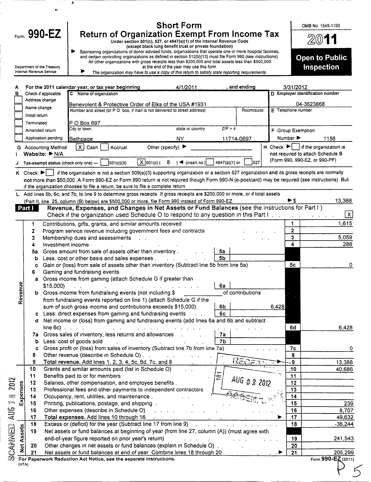 Image of first page of 2011 Form 990EO for Benevolent and Protective Order of Elks - 1931 Hicksville